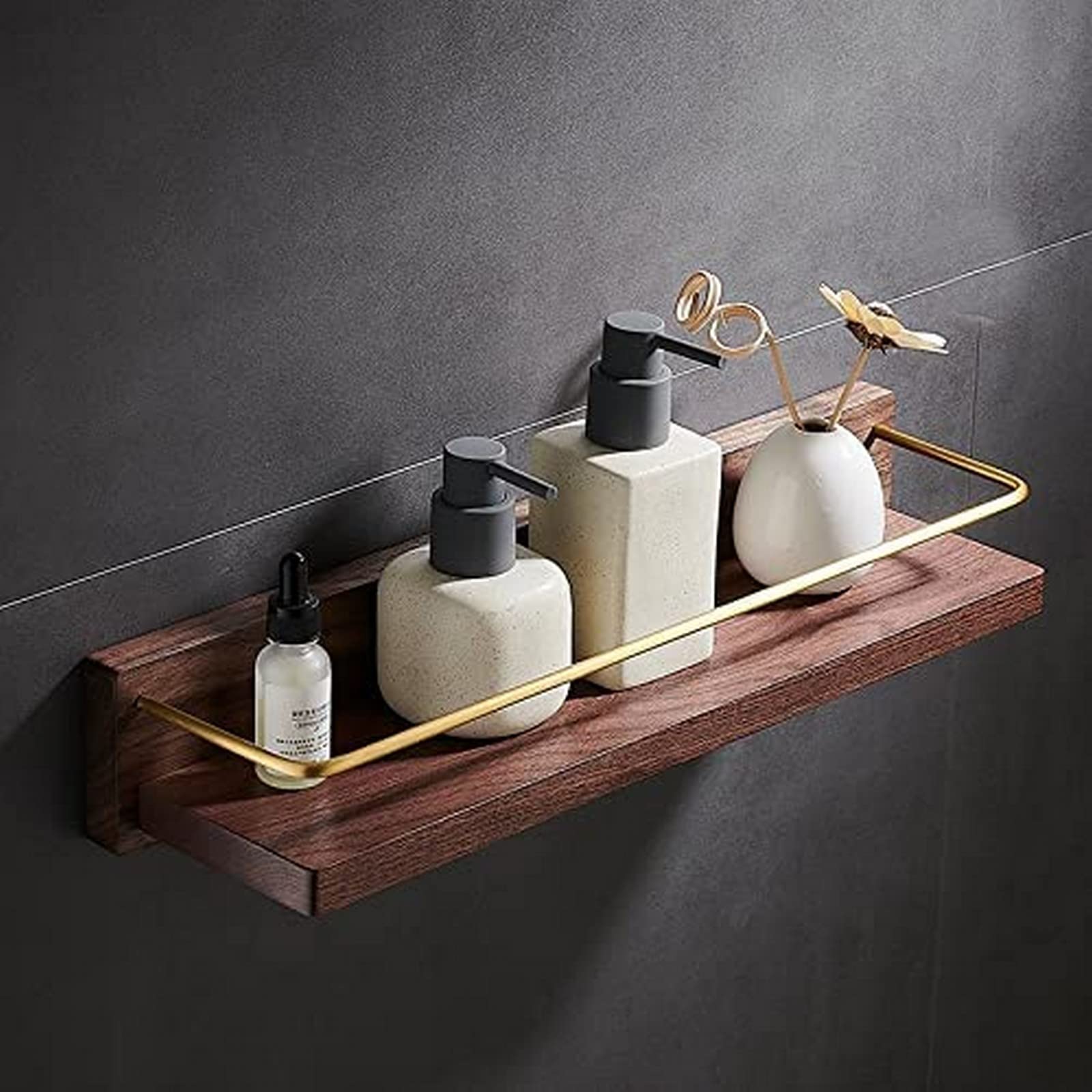 Brass and Wood Wall Mounted Bathroom Shelf - 40cm Shower Corner Shelf with Brushed Gold Finish for Bathroom & Kitchen Storage | Perfect for Organizing Toiletries, Sponges, and Decor