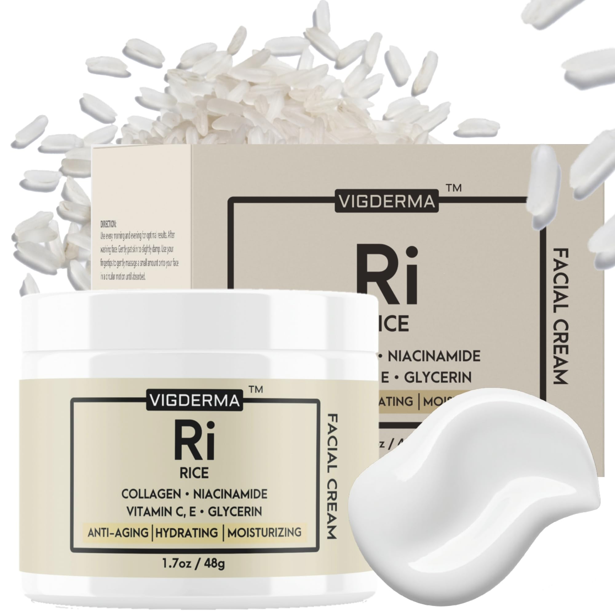 Rice Facial Light Cream 1.7oz - Rice Bran Essence with Collagen, Niacinamide & Vitamin C for Glowing Skin | Deeply Nourishing Korean Beauty Moisturizer | Improves Skin Moisture Barrier | Perfect for Daily Skincare Routine & Nighttime Hydration