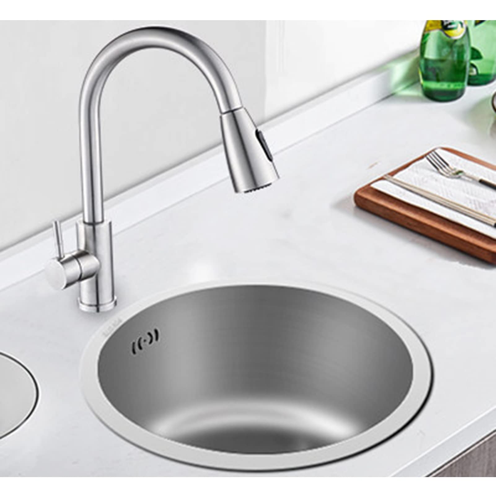 Premium SUS304 Stainless Steel Kitchen Bar Sink with Faucet - Round Silver Drop-in/Undermount Single Bowl Sink (40x18cm) - Easy to Clean & Durable for Restaurants, Coffee Bars & Home Kitchens