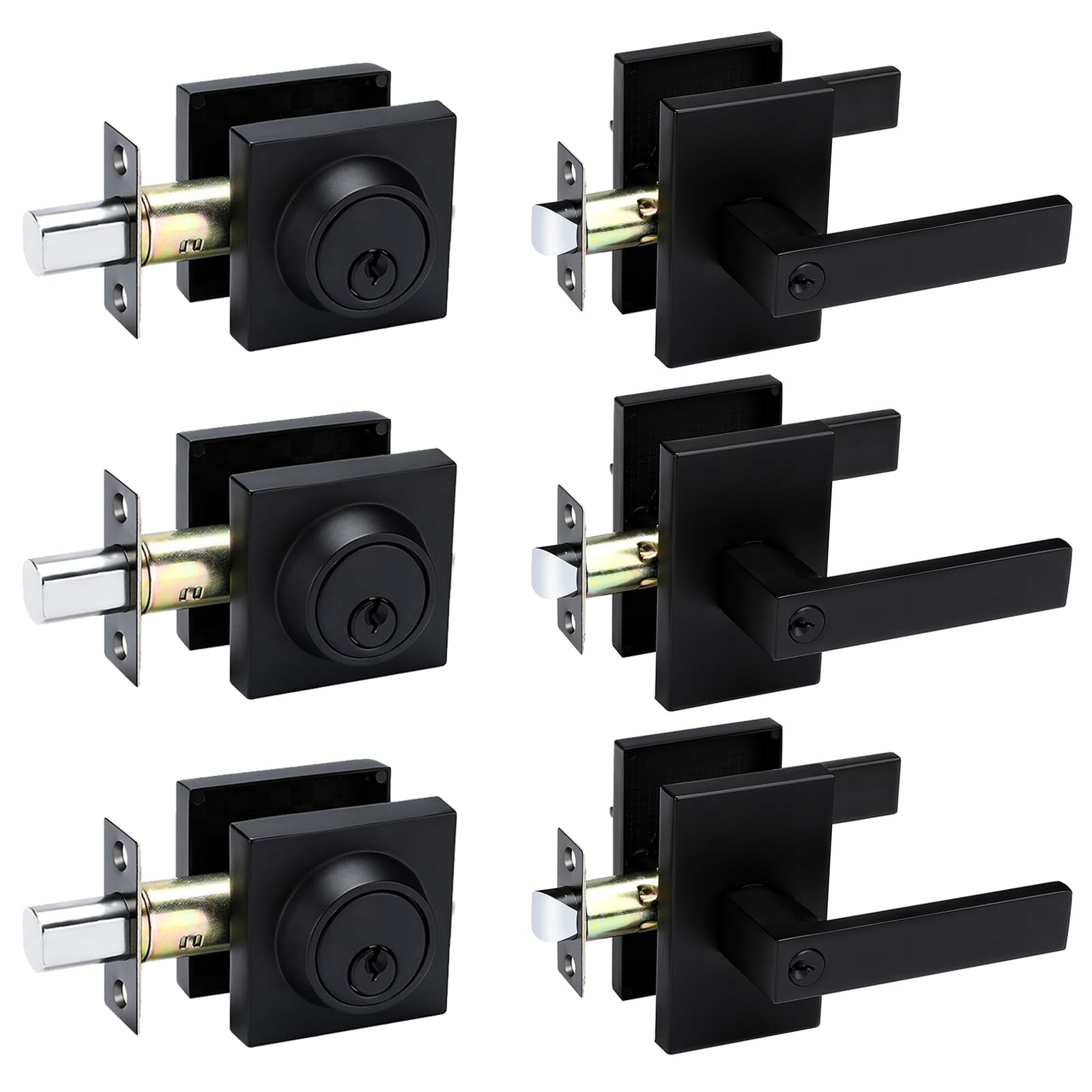 GoldenWarm 3-Pack Black Door Handle with Deadbolt - Square Contemporary Matte Black Exterior Door Lock Set - Heavy Duty Zinc Alloy Front Entry Door Locksets - Secure Home, Office & Commercial Use