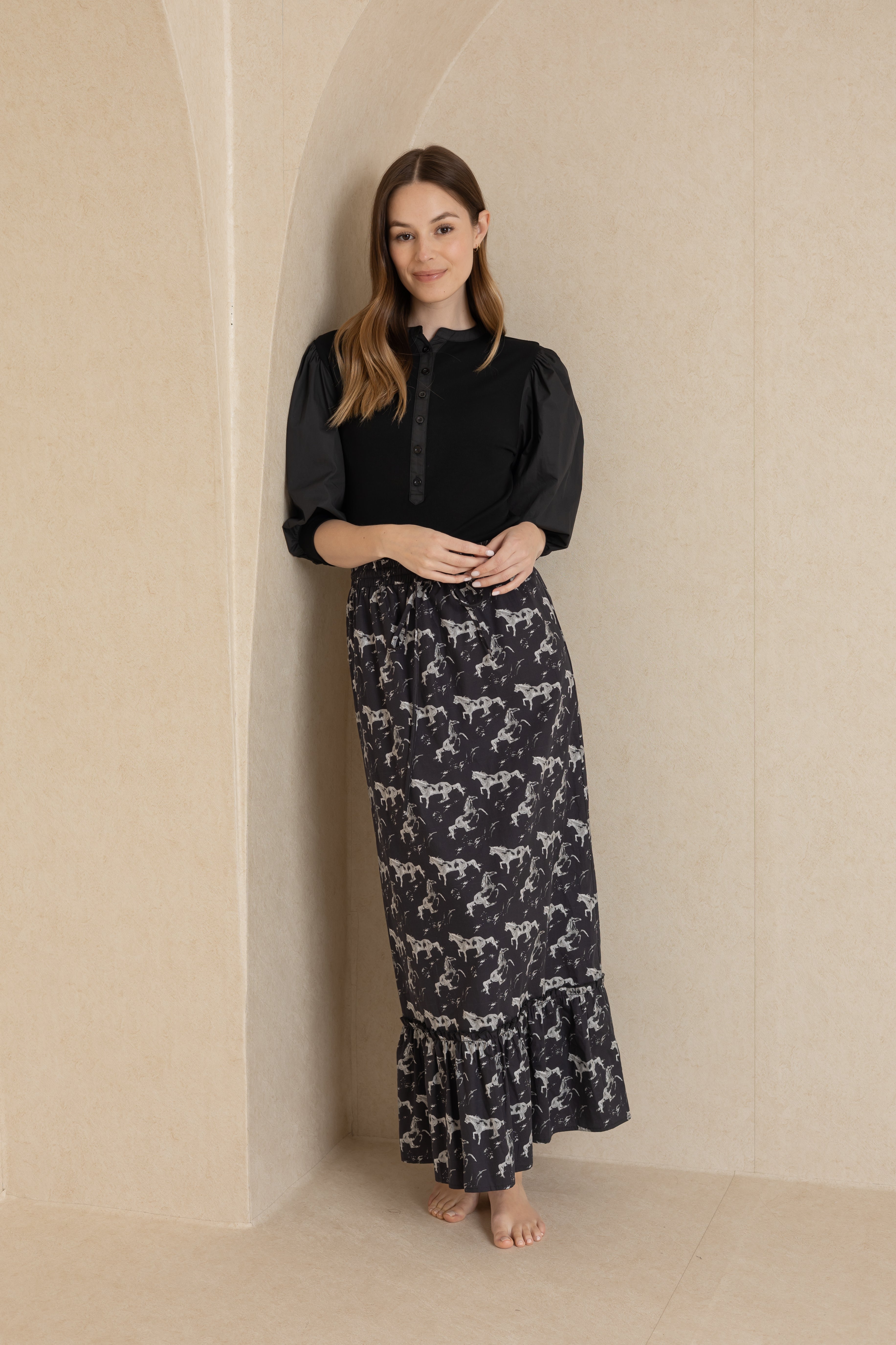 Black Horse Print Drawstring Skirt for Women - Casual Elastic Waist Flowy Midi Skirt - Perfect for Summer, Beach, and Boho Outfits