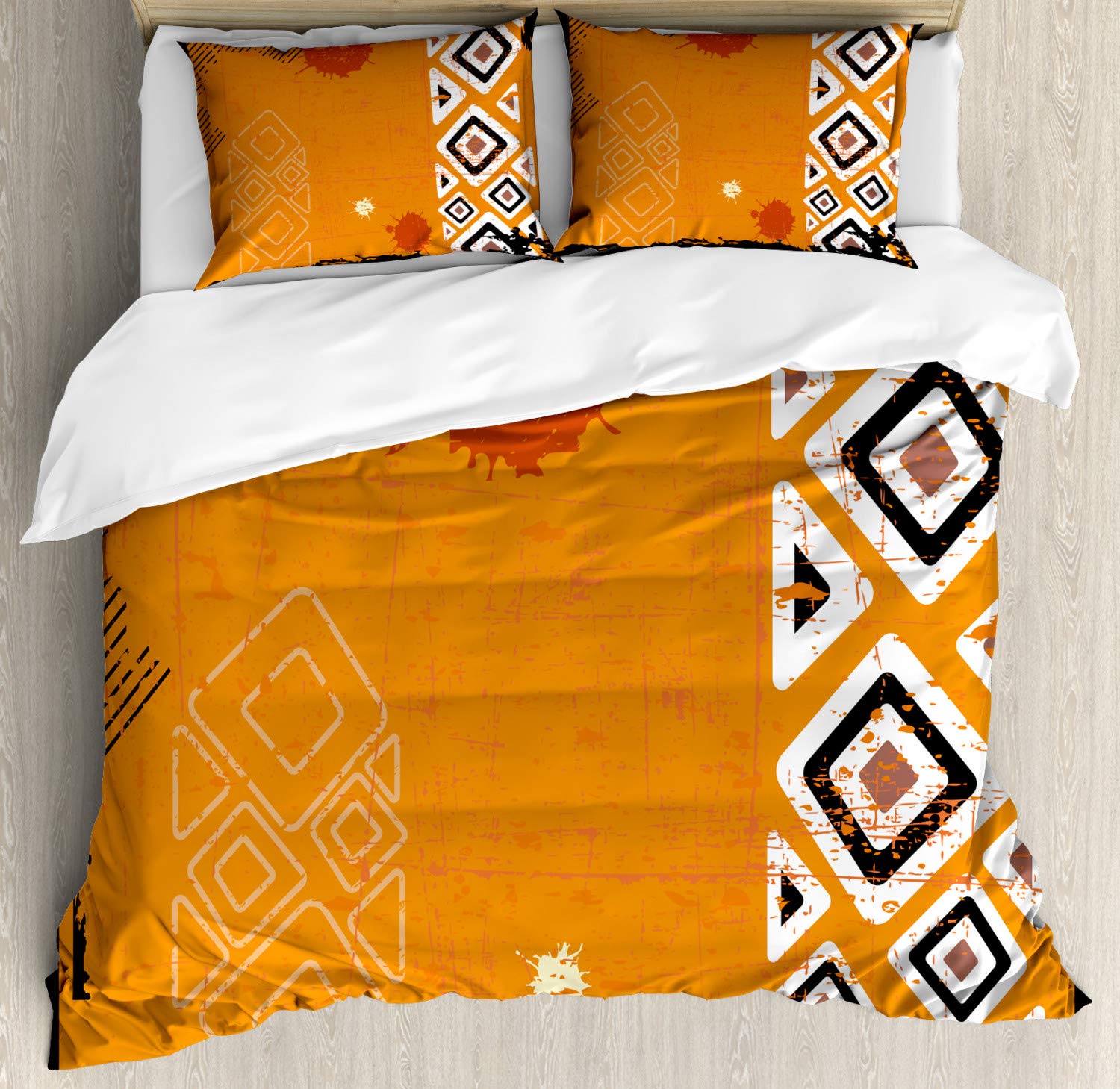 Ambesonne Tribal Duvet Cover Set - Bold Geometric Triangle Pattern in Black, Orange & White - 2 Pack Queen Size Bedding Set with 2 Duvet Covers & 4 Pillowcases - Perfect for Bohemian, Modern or Eclectic Bedroom Decor