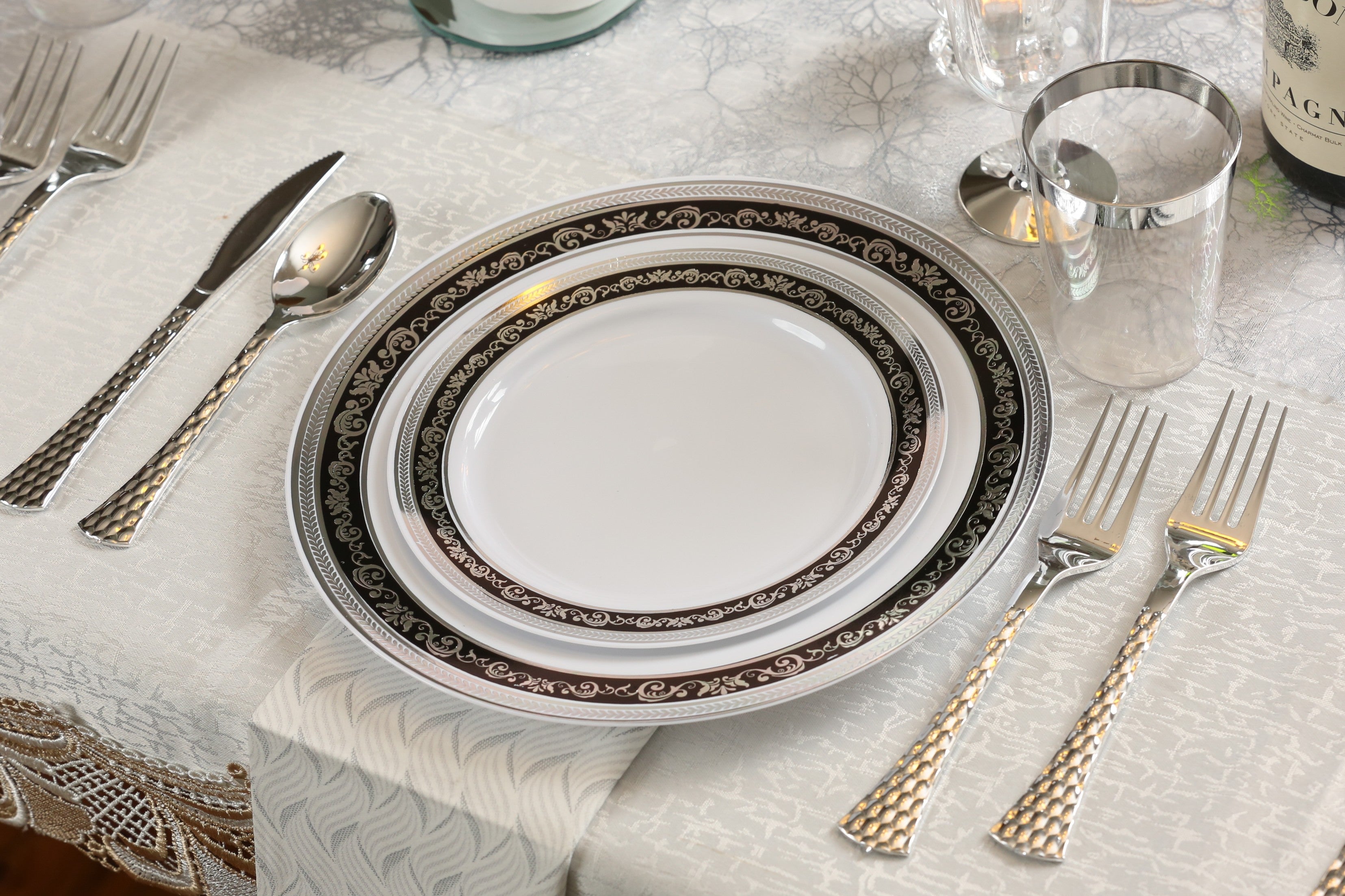 100-Piece Black and Silver Round Plastic Dinnerware and Silverware Set for 20 Guests - Elegant Disposable Plates, Forks, Knives & Spoons - Perfect for Parties, Weddings, BBQs, and Outdoor Events