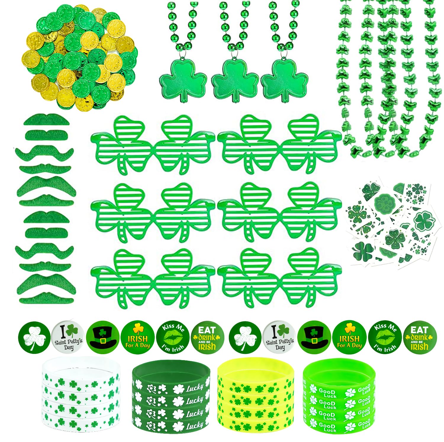 St. Patrick's Day Party Supplies - 138 Pcs Bulk Set Including Shamrock Necklaces, Green Rubber Bracelets, Temporary Tattoos & Mustache Accessories for Irish Themed Celebrations, Parades & Festivals