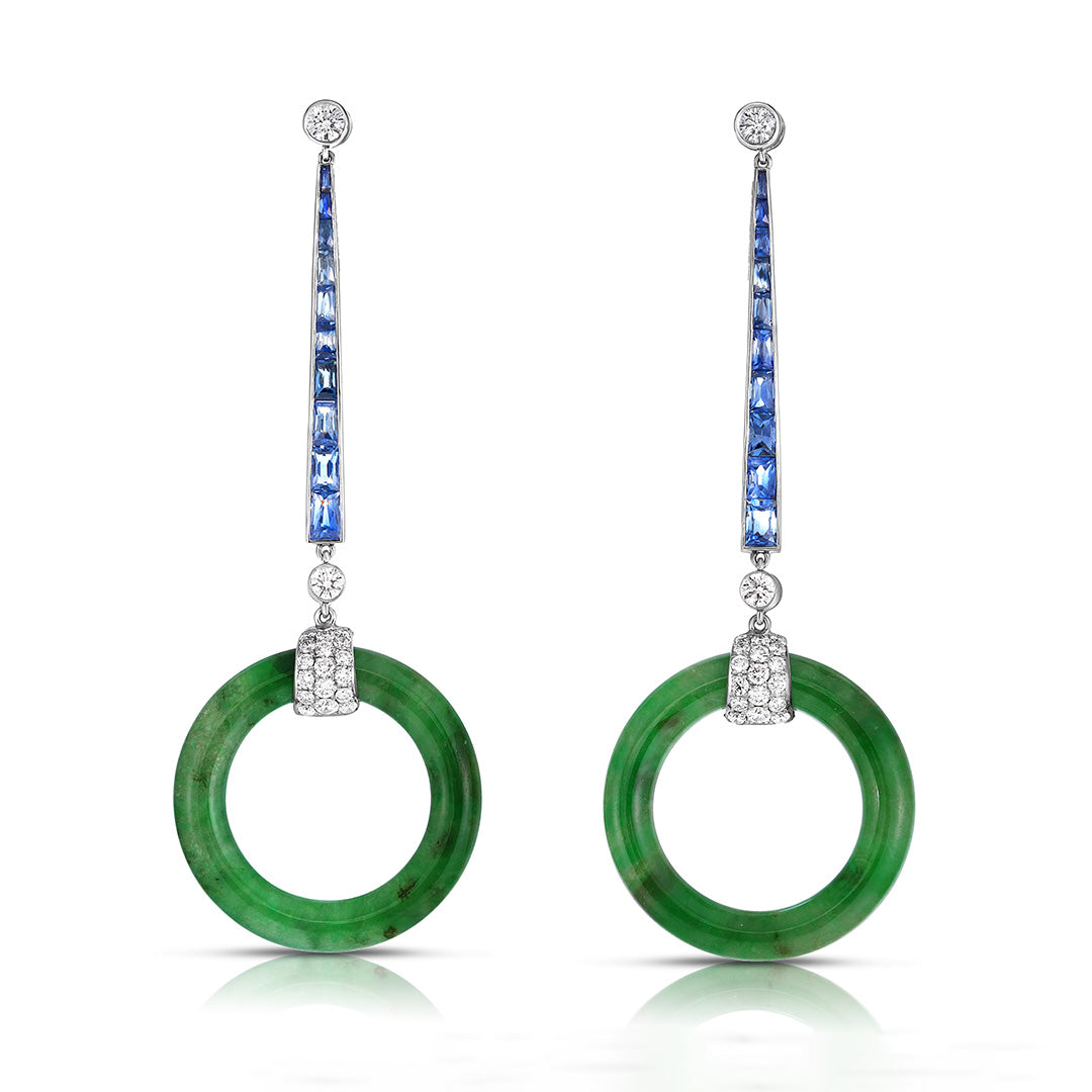 Exquisite Circular Jade Earrings with Sapphire & Diamond Accents - Perfect for Weddings, Parties & Special Occasions
