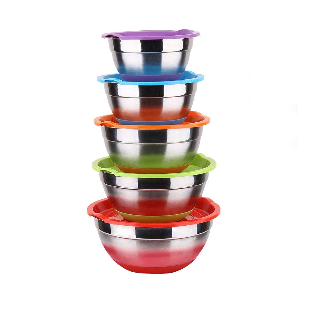 5-Piece Stainless Steel Mixing Bowls Set with Non-Slip Silicone Base & Lids - Salad, Food Prep, Serving Bowls for Kitchen, Baking, Cooking | Dishwasher Safe Dinnerware (Color: Black)