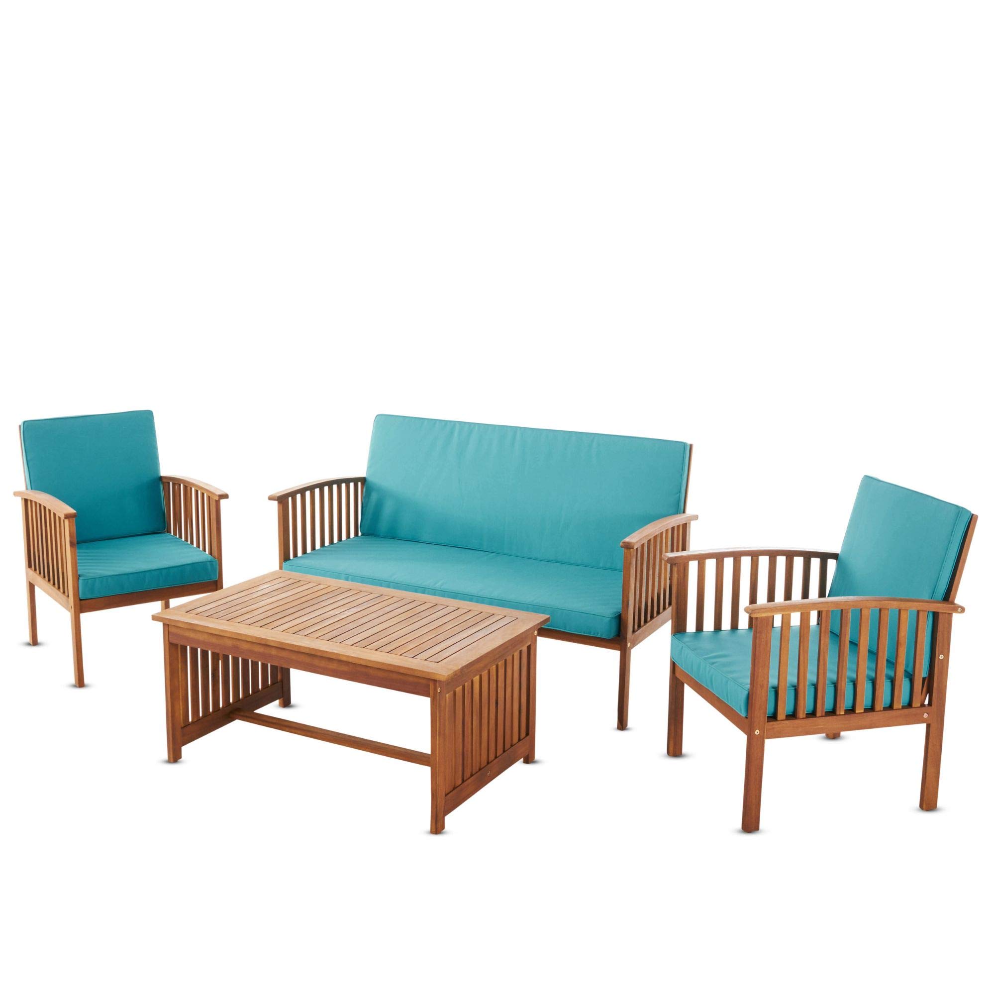 Modern 4-Piece Brown Outdoor Patio Furniture Set with Teal Blue Cushions - Perfect for Garden, Backyard, and Poolside Relaxation