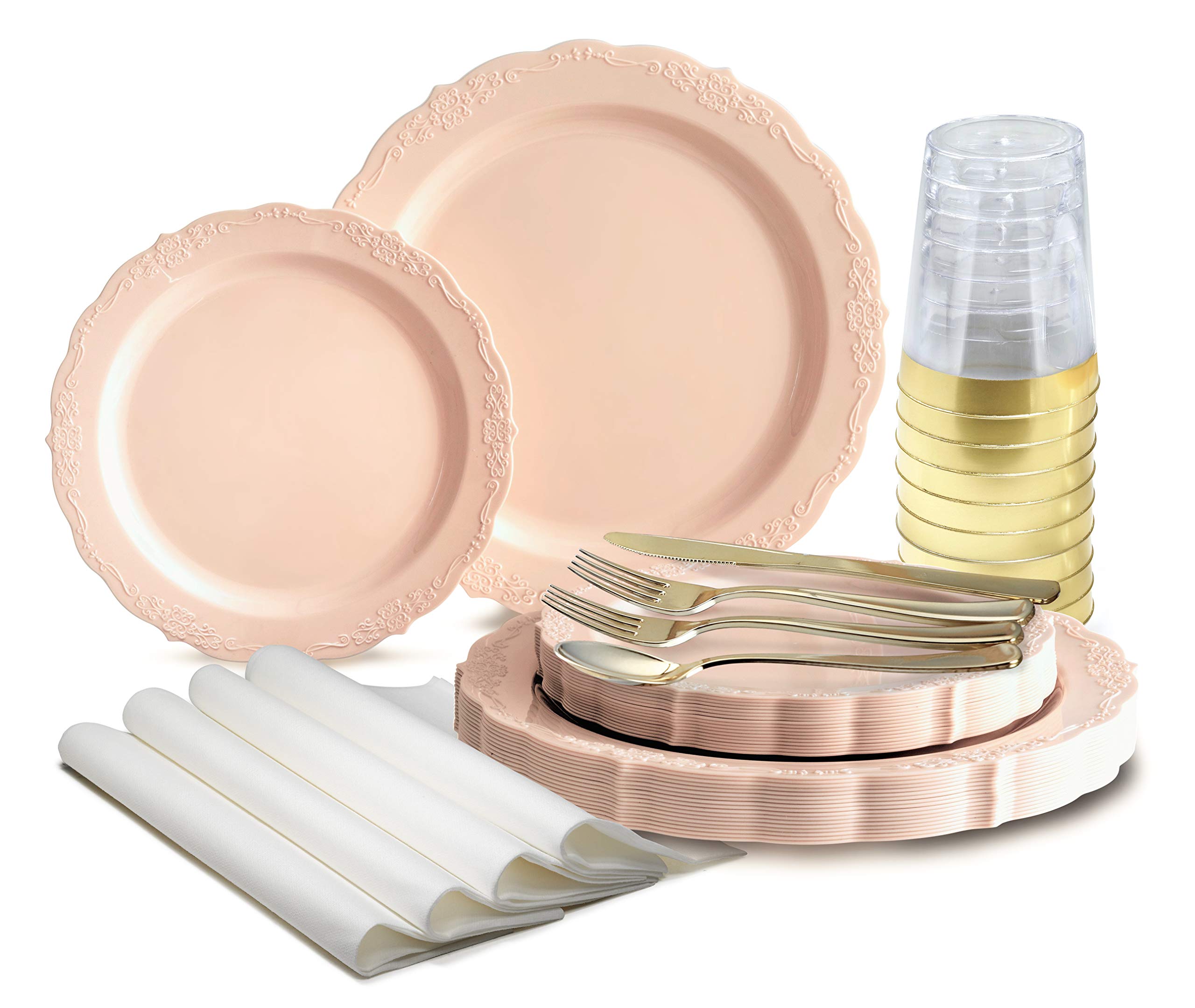 Vintage Wedding Party Disposable Plastic Plates & Cutlery Set - 200 Piece (25 Guests) - 10'' & 7.5'' Plates, Silverware, Cups, Napkins - Verona Blush/Antique Rose - Perfect for Weddings, Bridal Showers, Anniversaries & Formal Events