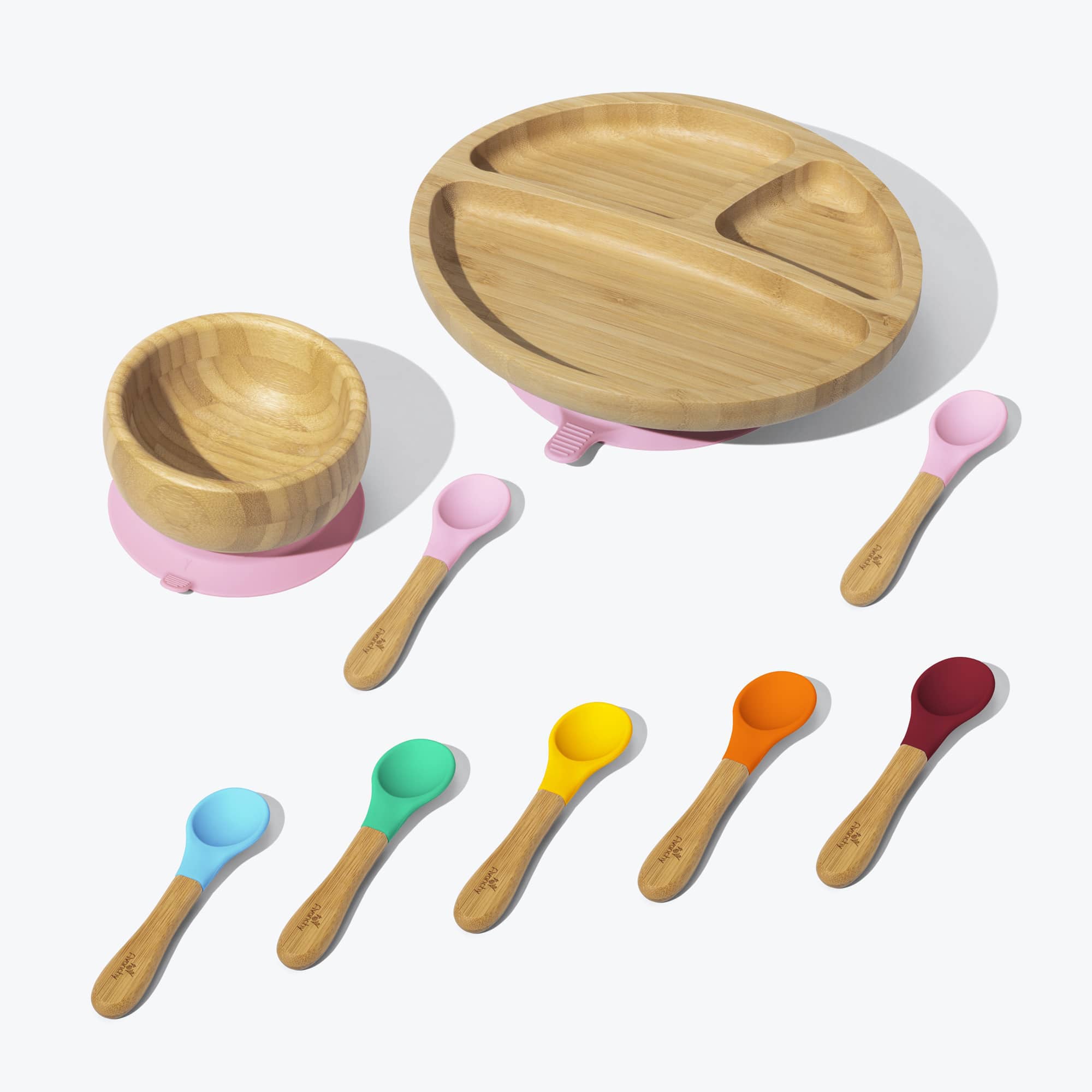 Avanchy Rainbow Toddler Feeding Set - Divided Baby Plate, Bowl & 7 Spoons (Pink) | BPA-Free Dishware for Kids | Perfect for Home, Daycare & Travel Meals