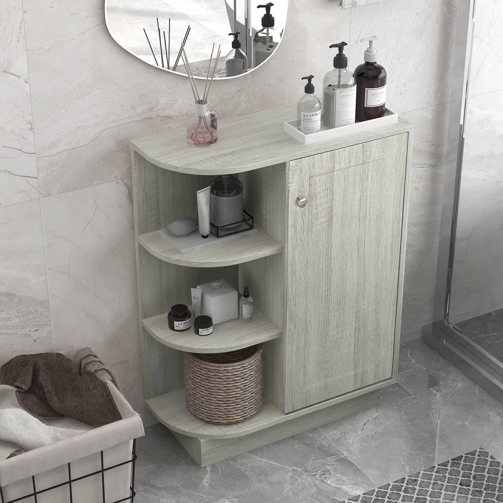 BNSPLY Freestanding Bathroom Storage Cabinet with Door - 3 Open & 3 Adjustable Shelves - Floor Cabinet for Bathroom, Living Room, Kitchen, Laundry - Oak Finish (23.6