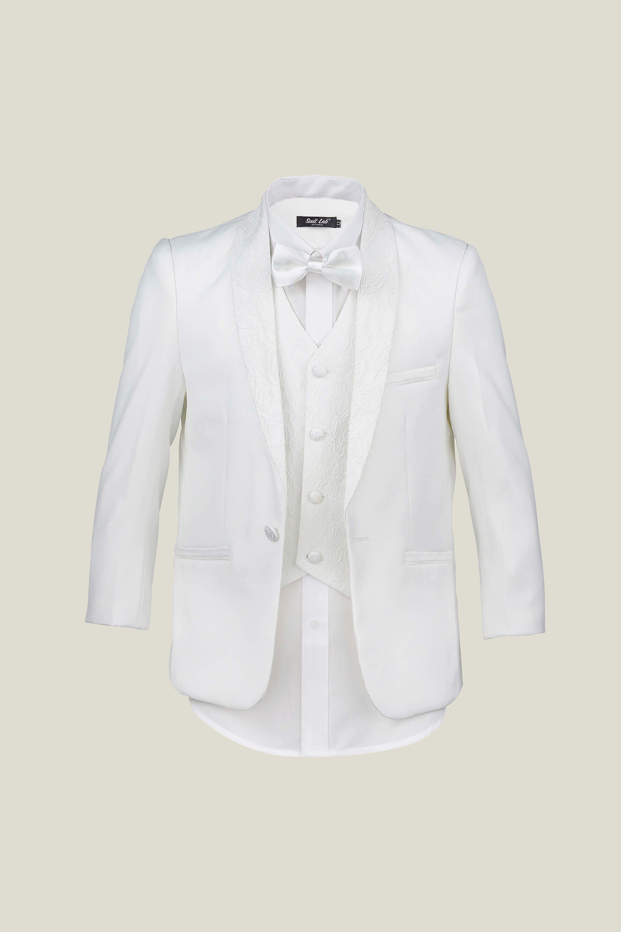 Stylish Boys' Off-White Embroidered Lapel Tuxedo Set with Black Dress Pants - Perfect for Weddings, Prom & Formal Occasions