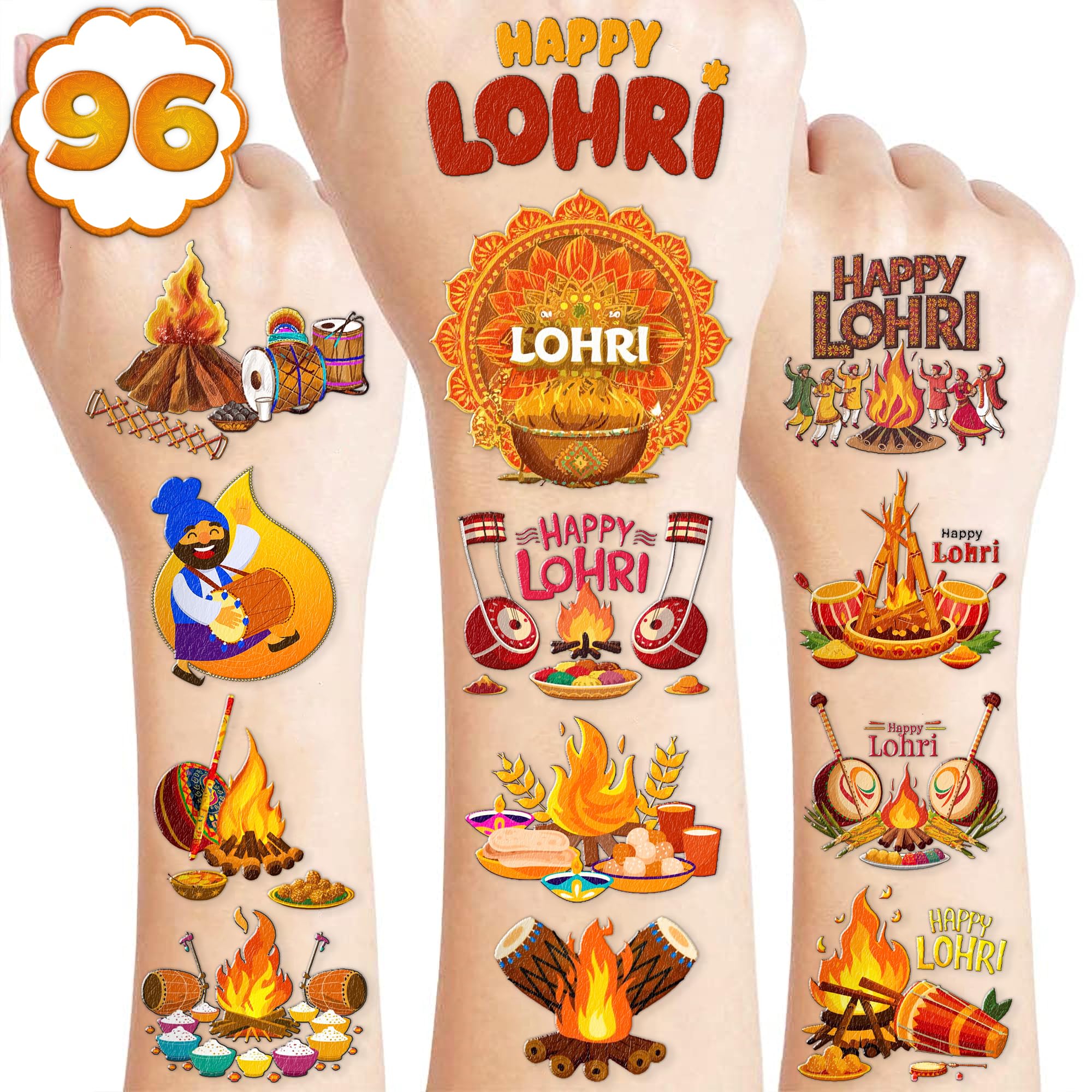 100 PCS Lohri Festival Decorations - Indian Bonfire Party Supplies, Birthday Favors, Temporary Tattoos & Stickers for Girls & Boys - Perfect for Classroom Rewards, School Prizes & Happy Lohri Celebrations (Use for Indian Cultural Events, Birthday Parties & Festive Gatherings)