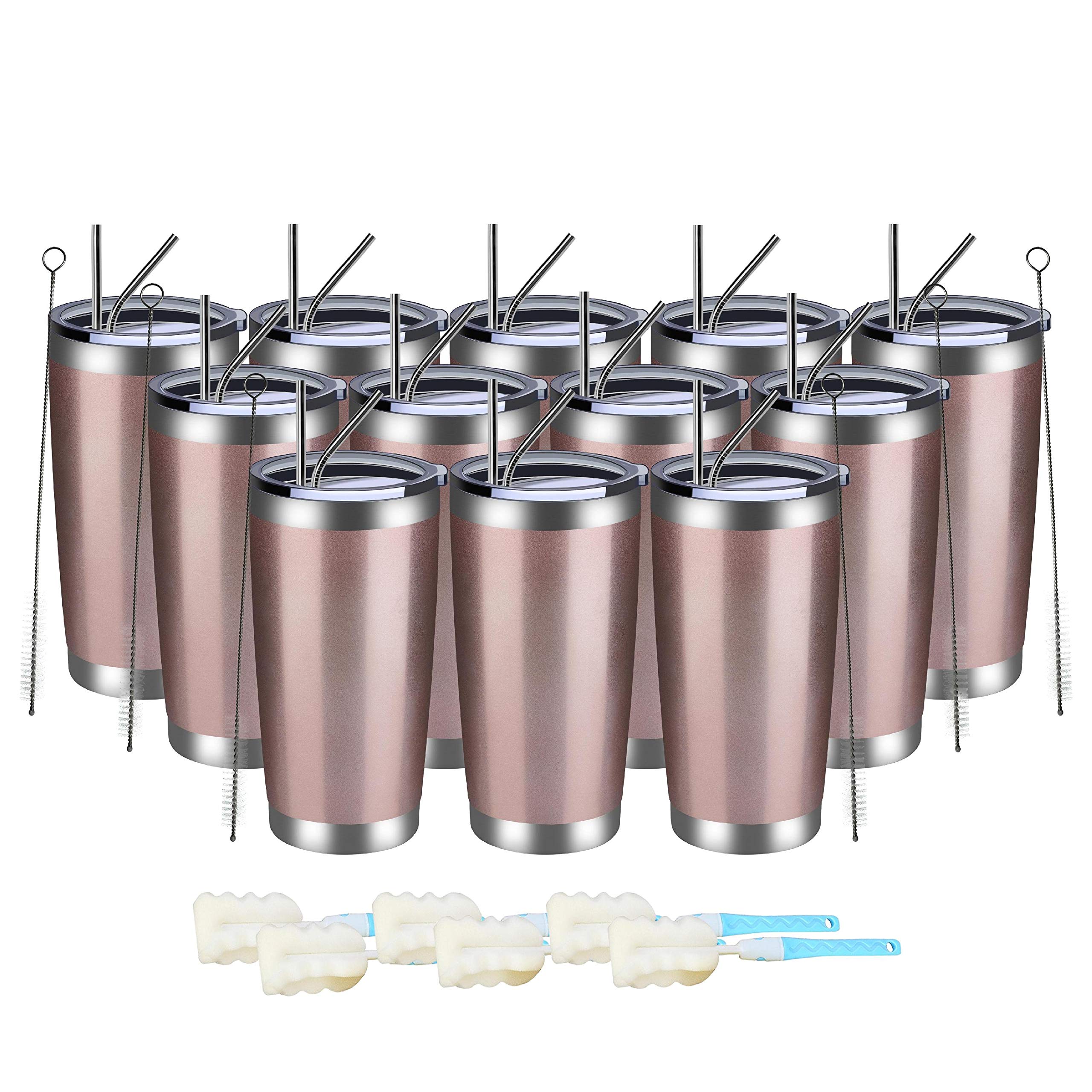 MEWAY 20oz Stainless Steel Tumbler 12 Pack - Double Wall Vacuum Insulated Travel Mug with Lid & Straw, Powder Coated Rose Gold Coffee Cup for Hot & Cold Drinks - Perfect for Office, Gym, Camping and Road Trips