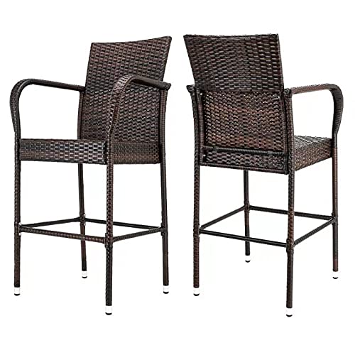 All-Weather Outdoor Wicker Rattan Bar Stools Set of 2 - Patio Dining Chairs with Armrest & Footrest for Garden, Poolside, Backyard & Lawn - Brown Weather-Resistant Furniture for Relaxing & Entertaining
