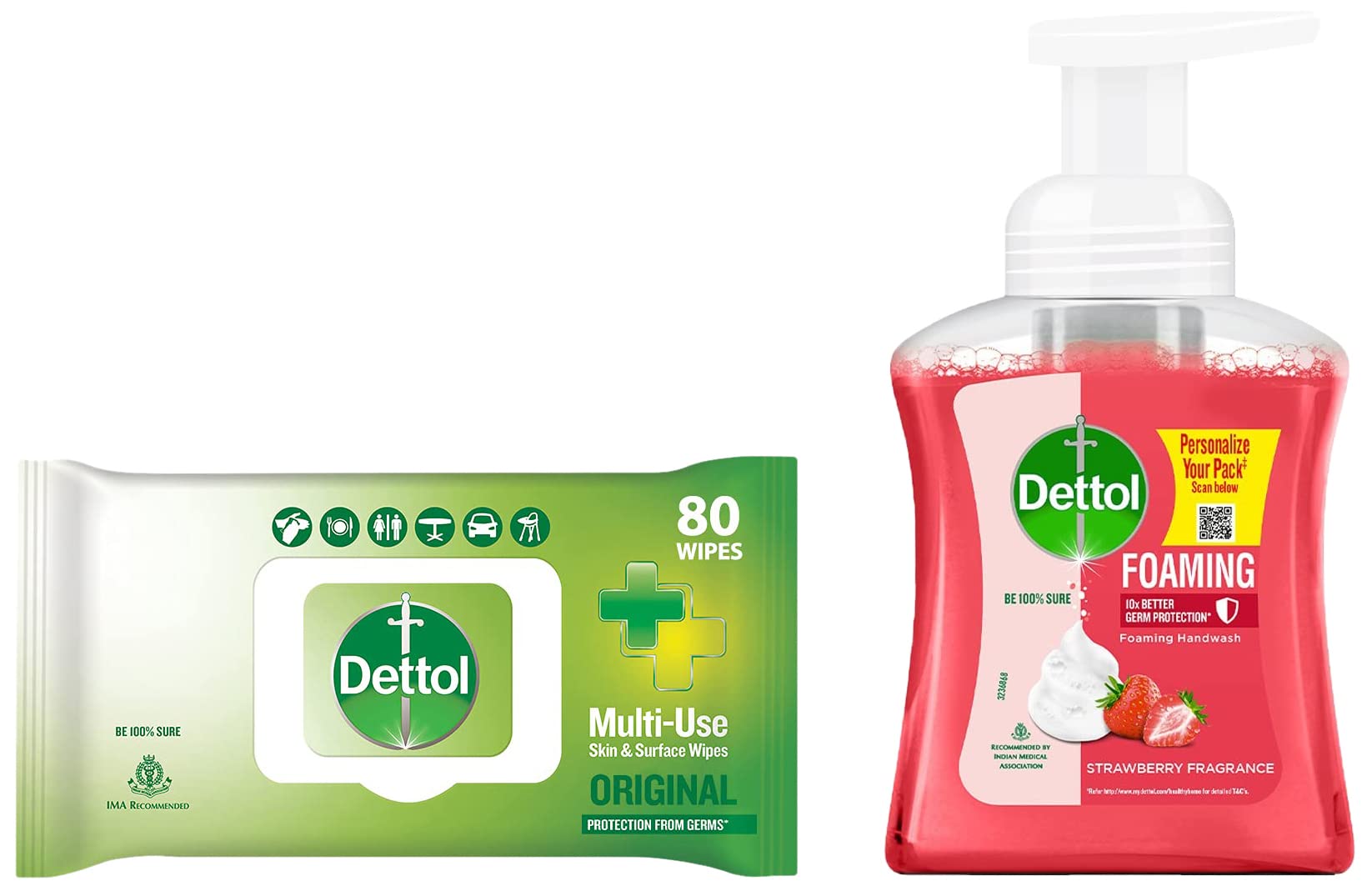 Dettol Disinfectant Sanitizing Wipes for Skin & Surface Cleaning - 80 Count | Dettol Foaming Hand Wash with Strawberry Scent - 250ml | Ideal for Home, Office & Travel Hygiene Protection