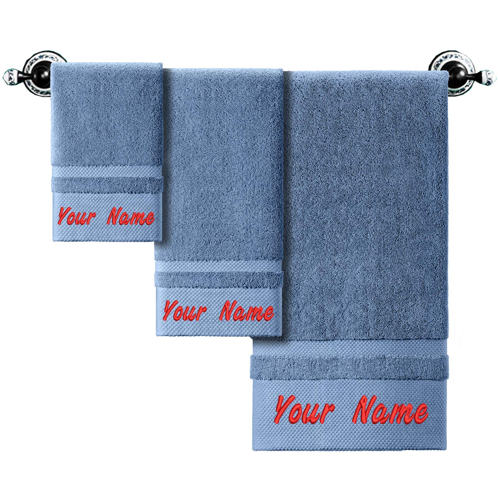Custom Embroidered Monogrammed Bath Towel Set of 3 - 100% Cotton Personalized Towels with Names for Wedding, Spa & Bathroom Decor - Blue Luxury Gift Set (Perfect for Bridal Showers, Housewarming & Anniversary Gifts)