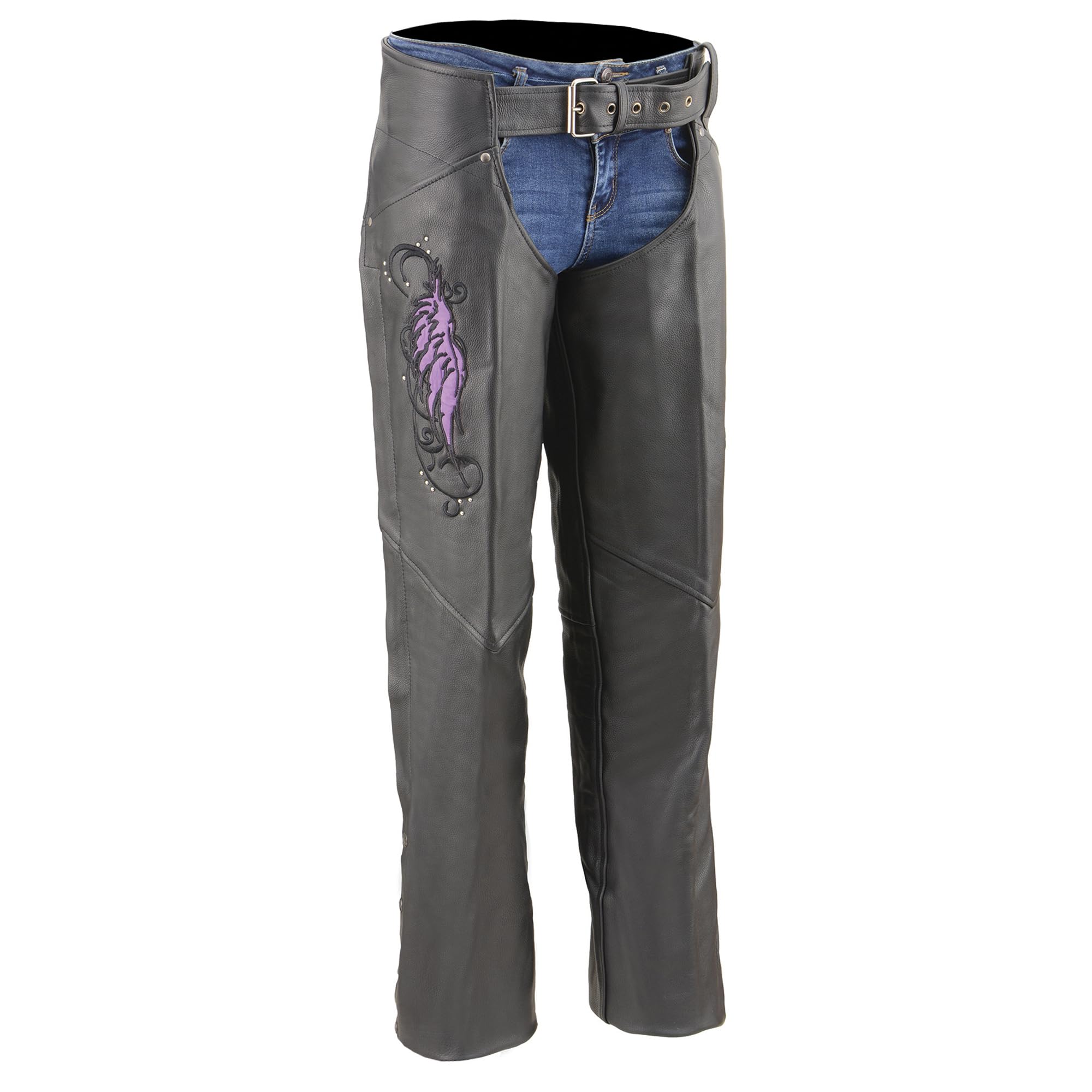 Milwaukee Leather ML1179 Women's Purple Wing Embroidery Motorcycle Chaps - Black Naked Skin Design, Classic Purple Color for Harley Davidson & Cruiser Riders | Perfect for Biker Events & Long-Distance Riding
