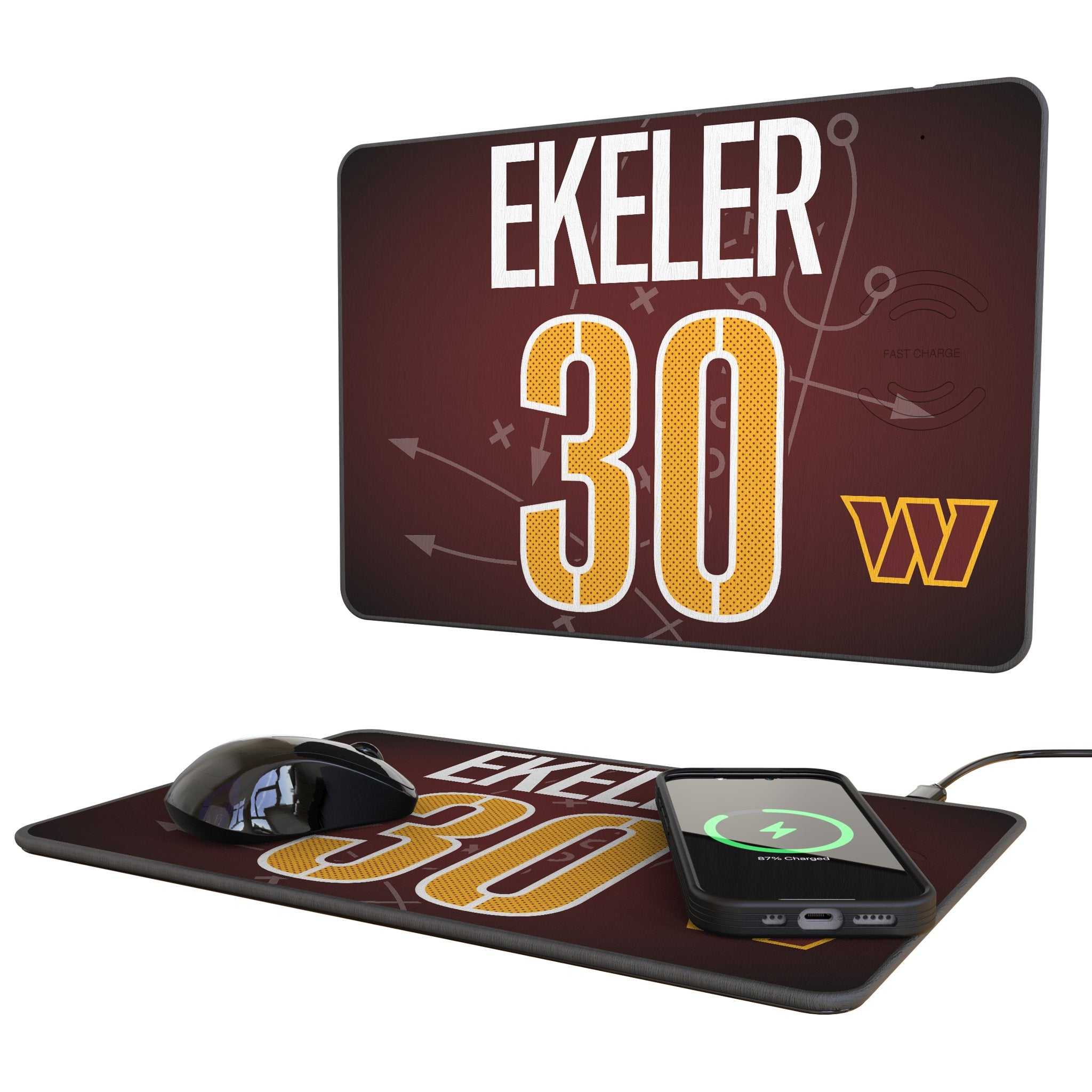 Austin Ekeler Washington Commanders 30 Game Tactical Wireless Charging Mouse Pad - 15W Fast Charger for Gaming & Office Desk Setup - Perfect for NFL Fans & PC Gamers
