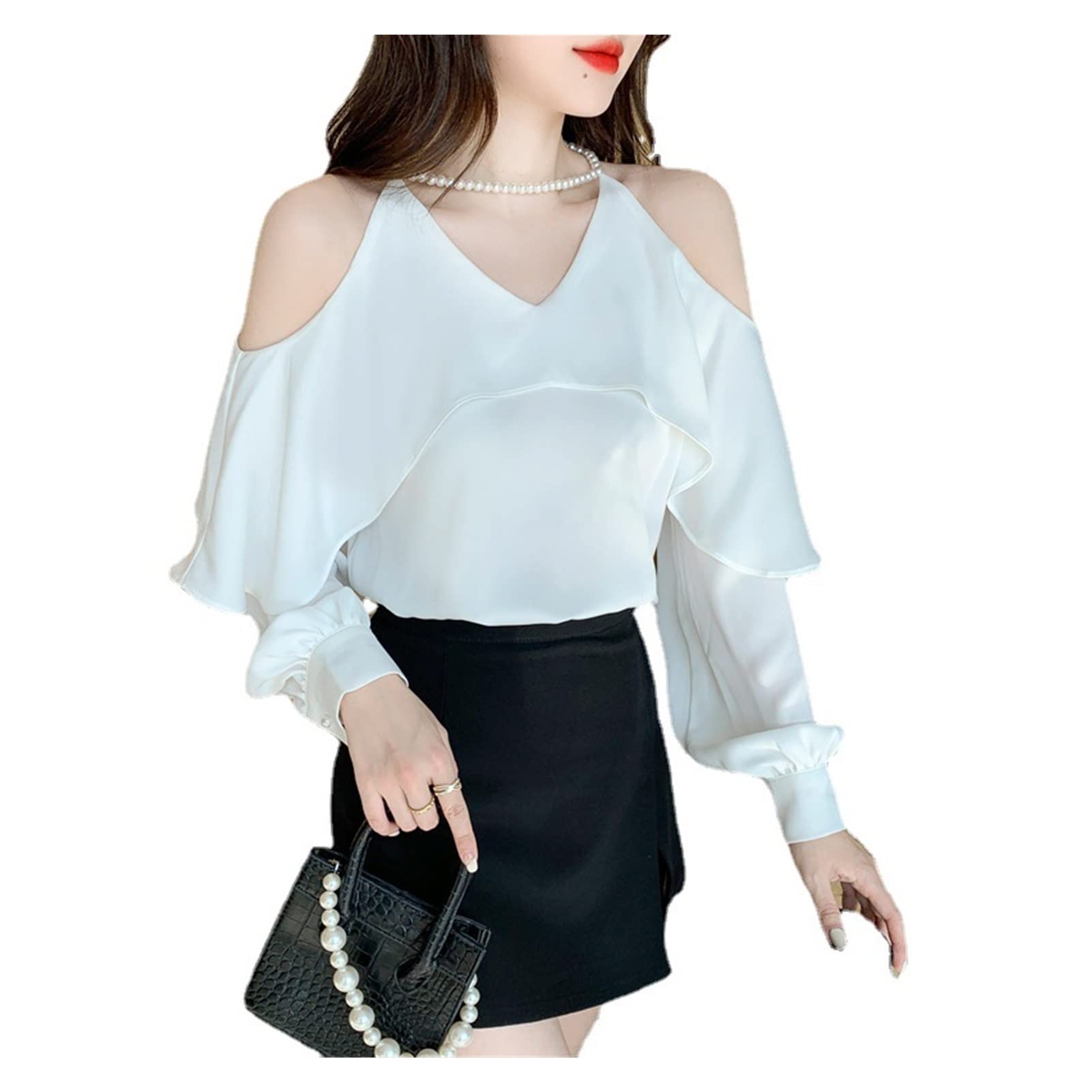 Elegant White Chiffon Long Sleeve Blouse for Women - Ruffled Beaded V-Neck Off Shoulder Top (Size S) | Perfect for Office Wear, Date Nights & Special Occasions