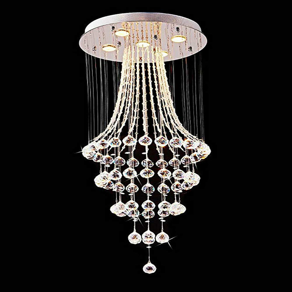 TFCFL Spiral Crystal Raindrop Chandelier - 5-Light Flush Mount Round Pendant Lighting Fixture, Modern Luxury 4-Circle Design with GU10 Bulb Base (H43