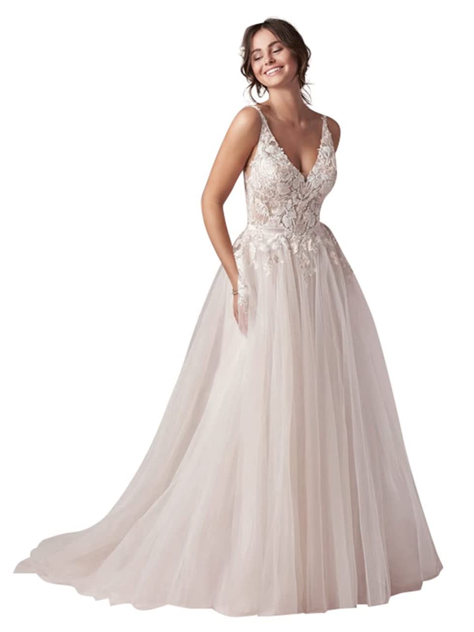 2023 Elegant Lace Appliques Wedding Dress for Bride - Long V-Neck Tulle Bridal Gown with Beading Details | Perfect for Church Ceremony, Beach Wedding & Formal Reception (WD01)