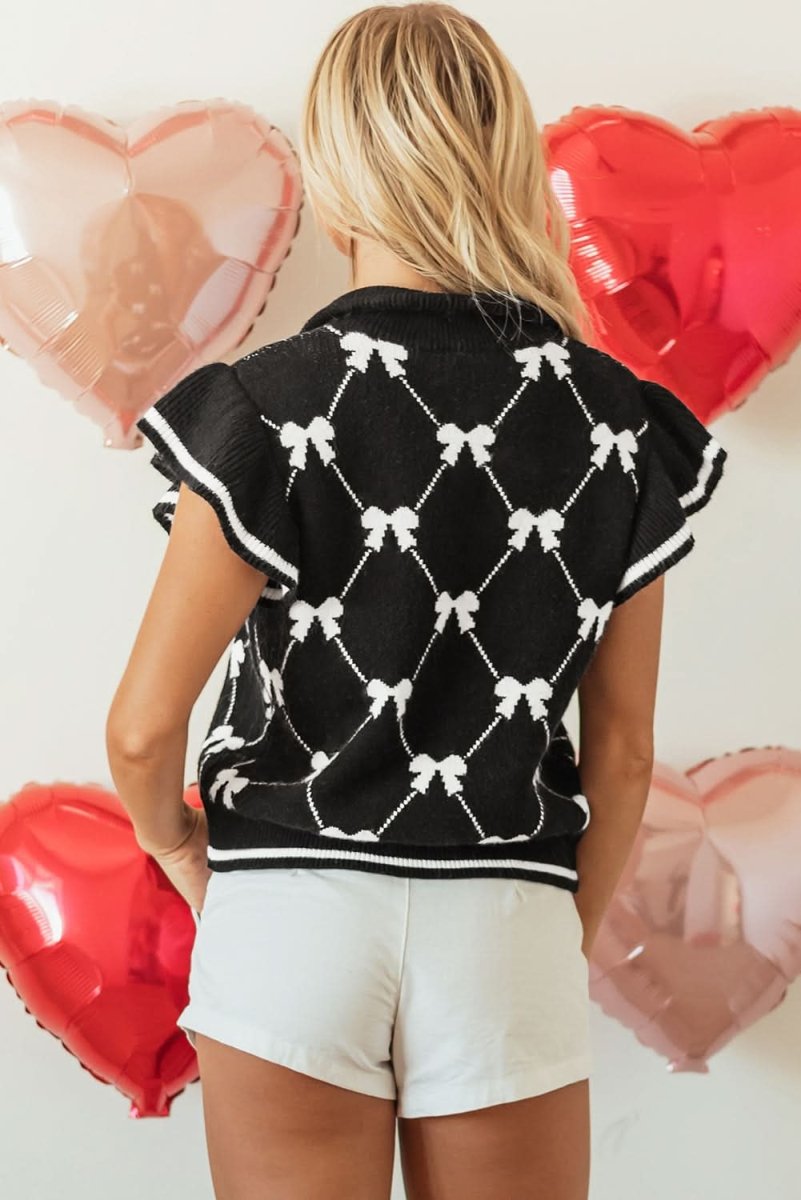 Stylish Black Bow Print Zip Front Sweater Tee - Women's Fashion Pullover Top for Casual Outings & Date Nights