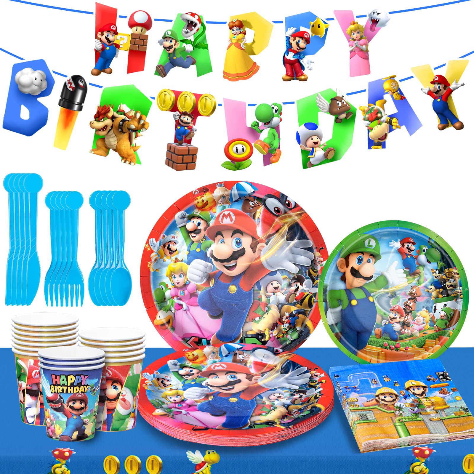 Disposable Birthday Party Supplies Set - 24-Pack Paper Plates, Napkins, Cups, Tablecloth & Banner for Game Nights, Kids Birthday Decorations - Perfect for Indoor & Outdoor Celebrations, Themed Parties & Family Gatherings