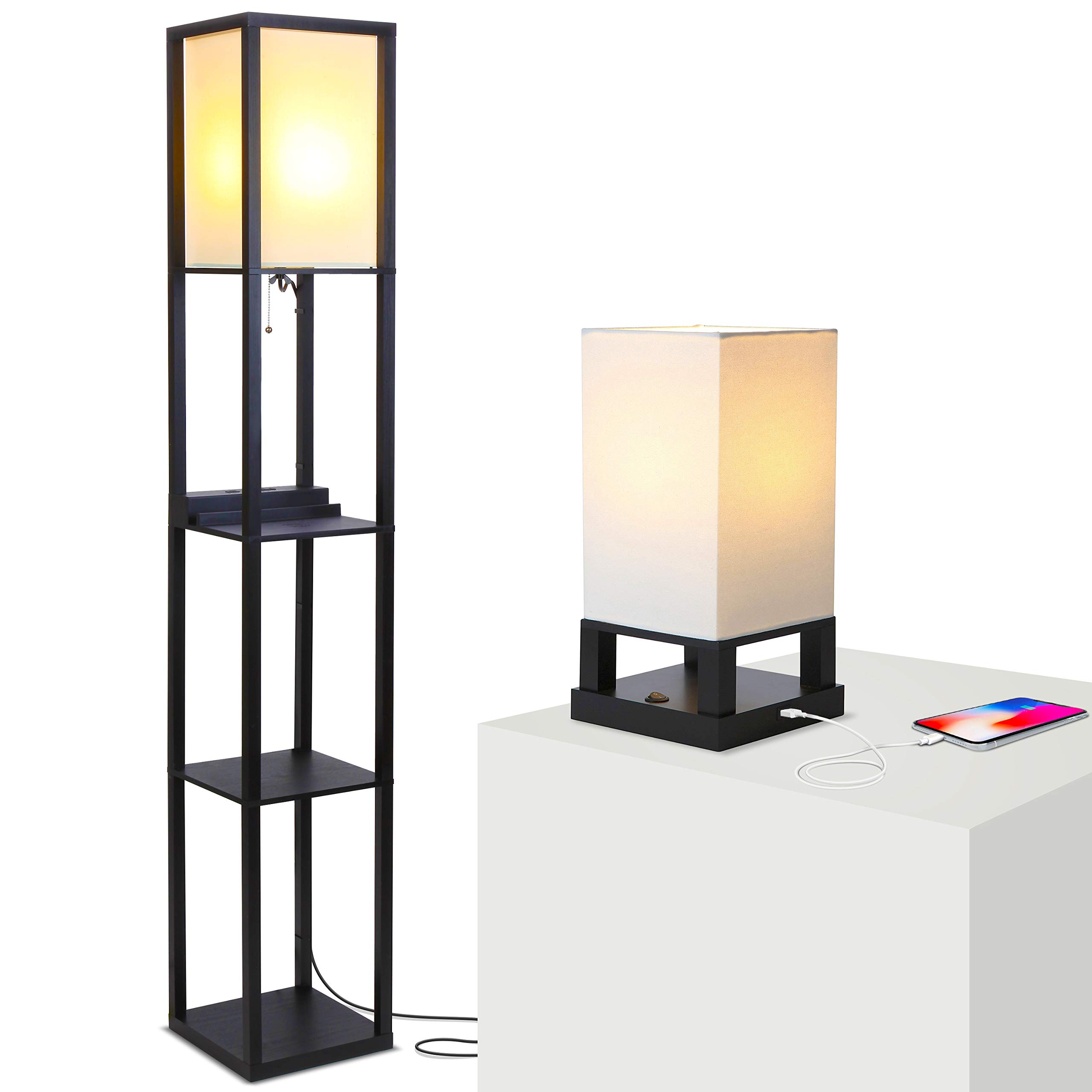 Brightech Maxwell Modern Floor & Table Lamp Set of 2 - Wireless Charging Lamp with USB Ports & Outlets - Asian Inspired Living Room Lighting for Bedroom, Office & Home Decor - Black