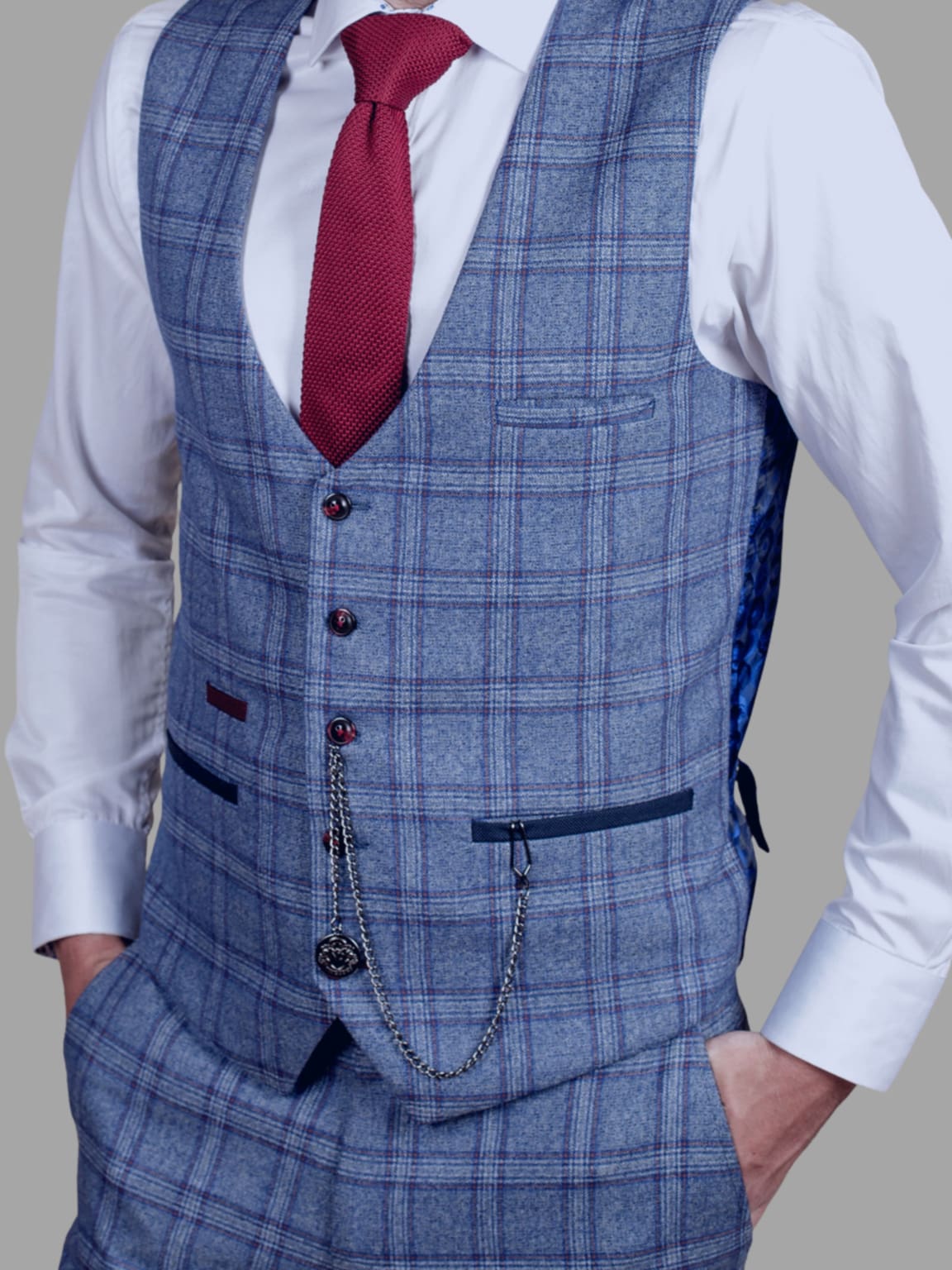Marc Darcy Clinton Men's Blue Tweed Check Waistcoat Vest | Classic Slim Fit Formal Vest for Weddings, Business & Office Wear