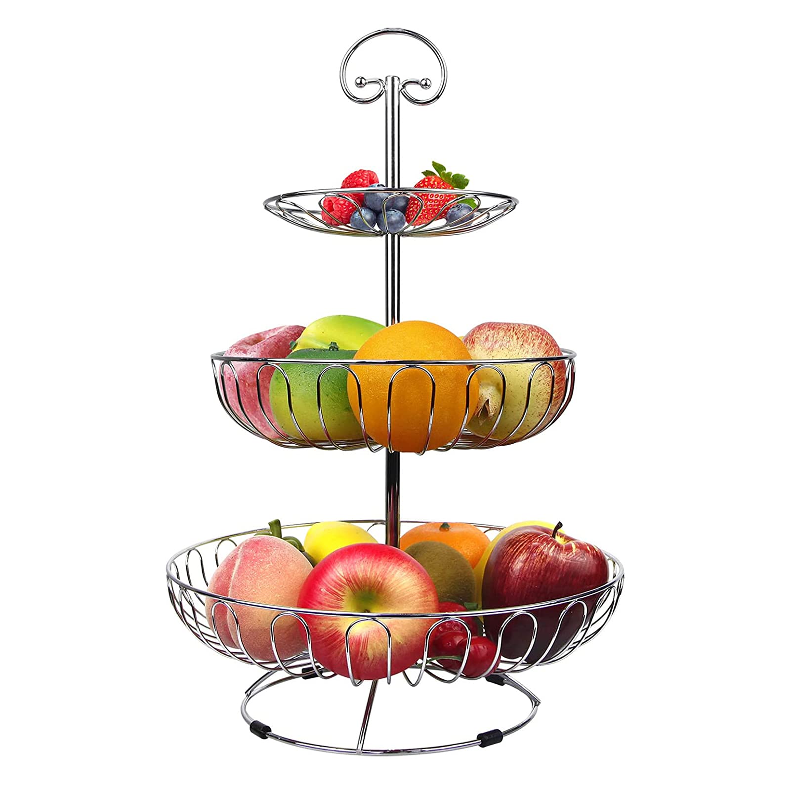 3 Tier Metal Fruit Basket - Wrought Iron Countertop Stand for Kitchen Storage, Vegetables, Snacks, Bread & Cupcakes | Perfect for Dining Table, Pantry, or Party Serving (Silver)