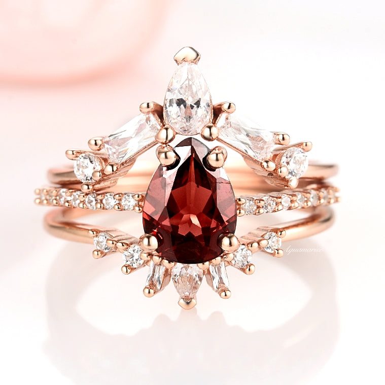 Natural Garnet 3-Piece Ring Set in 14K Rose Gold Vermeil - Perfect for Valentine's Day, Anniversary Gifts & Everyday Elegance