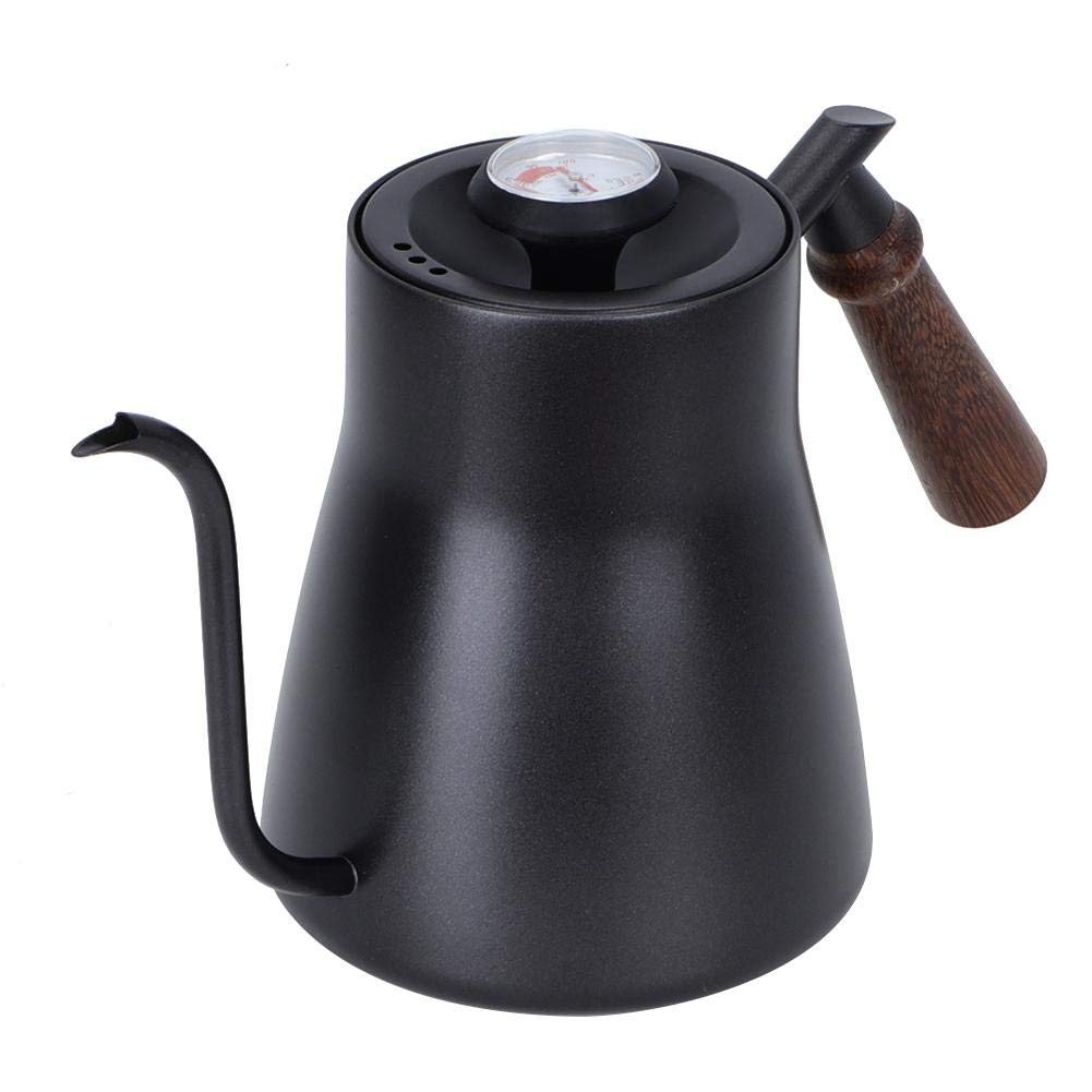 Premium Coffee Drip Pot with Wooden Handle & Built-in Thermometer - Stainless Steel Coffee Kettle for Pour Over, French Press & Cold Brew - Perfect for Home, Office & Camping Use