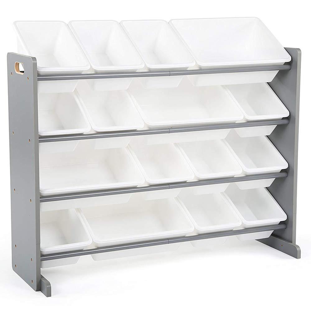 Alivinghome 4-Tier Kids Toy Storage Organizer with 16 Plastic Bins - Sturdy Playroom Shelves for Kindergarten & Baby Toys - Easy to Clean Gray Toy Chest & Organizing Rack - Perfect for Playrooms, Daycares & Home Organization