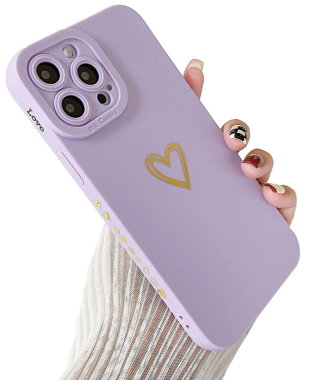 Yeddabox Luxury Heart Phone Case for iPhone 13 Pro Max - Cute Bronzing Side Pattern, Soft TPU Shockproof Cover with Full Camera Lens Protection (Purple) | Perfect Gift for Women, Trendy & Protective Case for Daily Use, Work & Travel