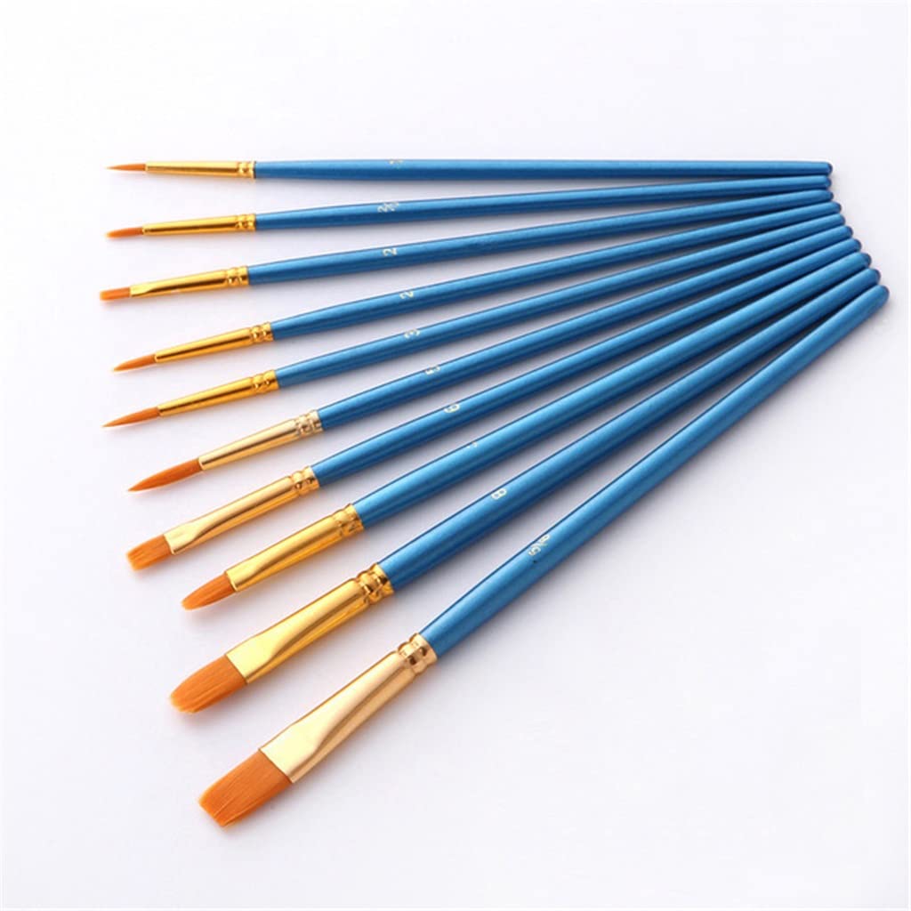 10Pcs Professional Nylon Hair Paint Brush Set for Oil, Acrylic, Gouache & Watercolor - Artist Painting Supplies (Blue) - Perfect for Canvas, Paper, Wood & DIY Art Projects