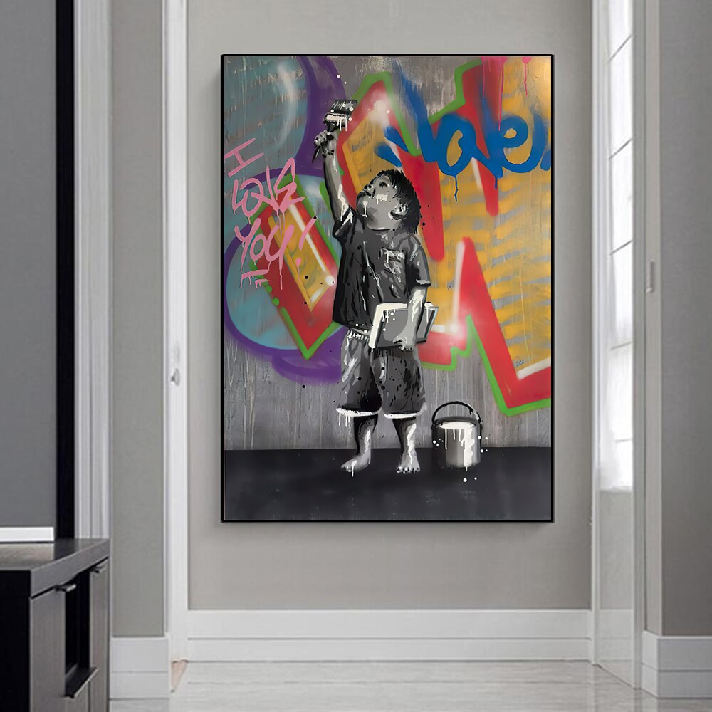 Banksy Graffiti Art Love Boy and Girl Canvas Wall Art Print - Urban Street Art Home Decor for Living Room, Bedroom & Office
