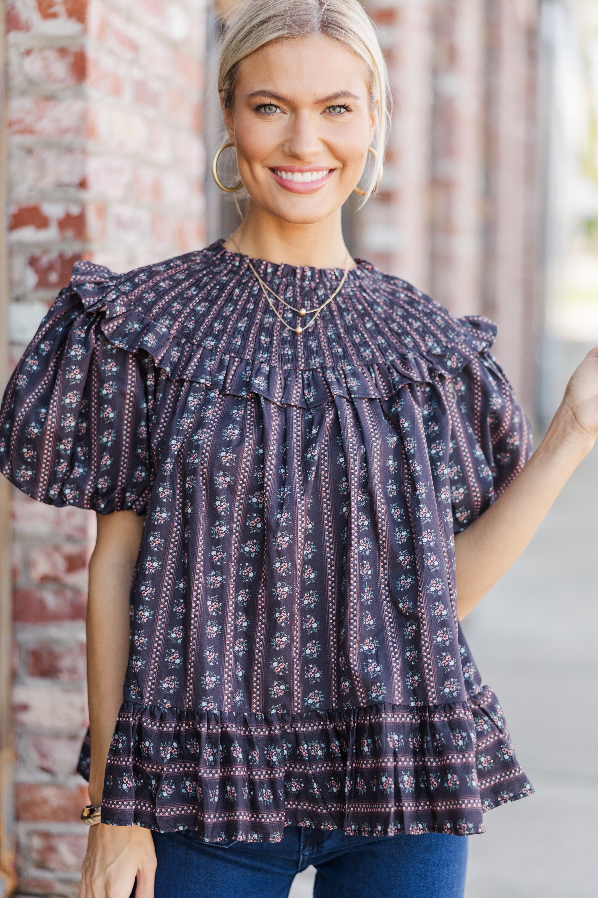 Aureum Black Ditsy Floral Blouse - Elegant Women's Tops for Work, Date Night & Special Occasions