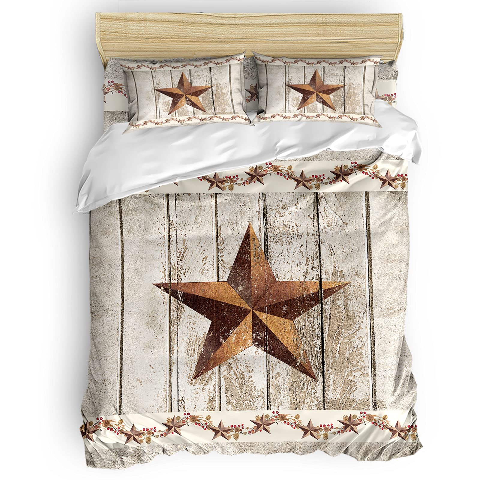 AXMSYun 4-Piece Farmhouse Style Duvet Cover Set - Luxury Star Retro Quilt Cover with Hidden Zipper, Soft Wooden Plank Design for California King Bed | Perfect for Kids & Adults Bedroom Decor, Cozy Farmhouse or Country Themed Home