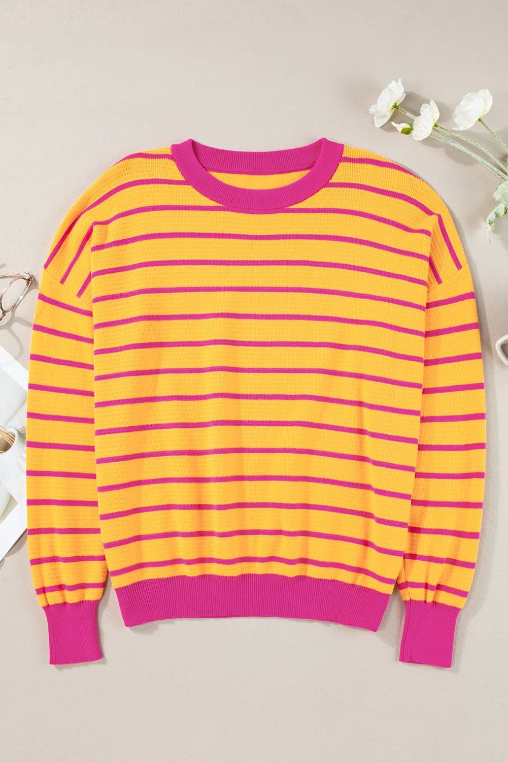 Stylish Orange Striped Casual Sweater for Women - Cozy & Trendy Fall Fashion for Everyday Wear & Outings