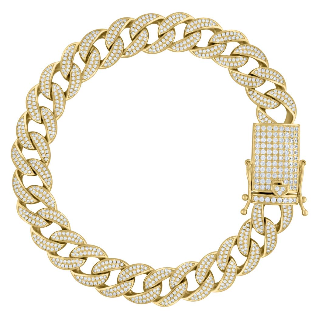 925 Sterling Silver Yellow Tone Men's CZ Cubic Zirconia Simulated Diamond Miami Curb Link Bracelet - 12mm Width, 8 Inch Length - Durable & Hypoallergenic Jewelry Gift for Him - Perfect for Weddings, Parties & Everyday Wear