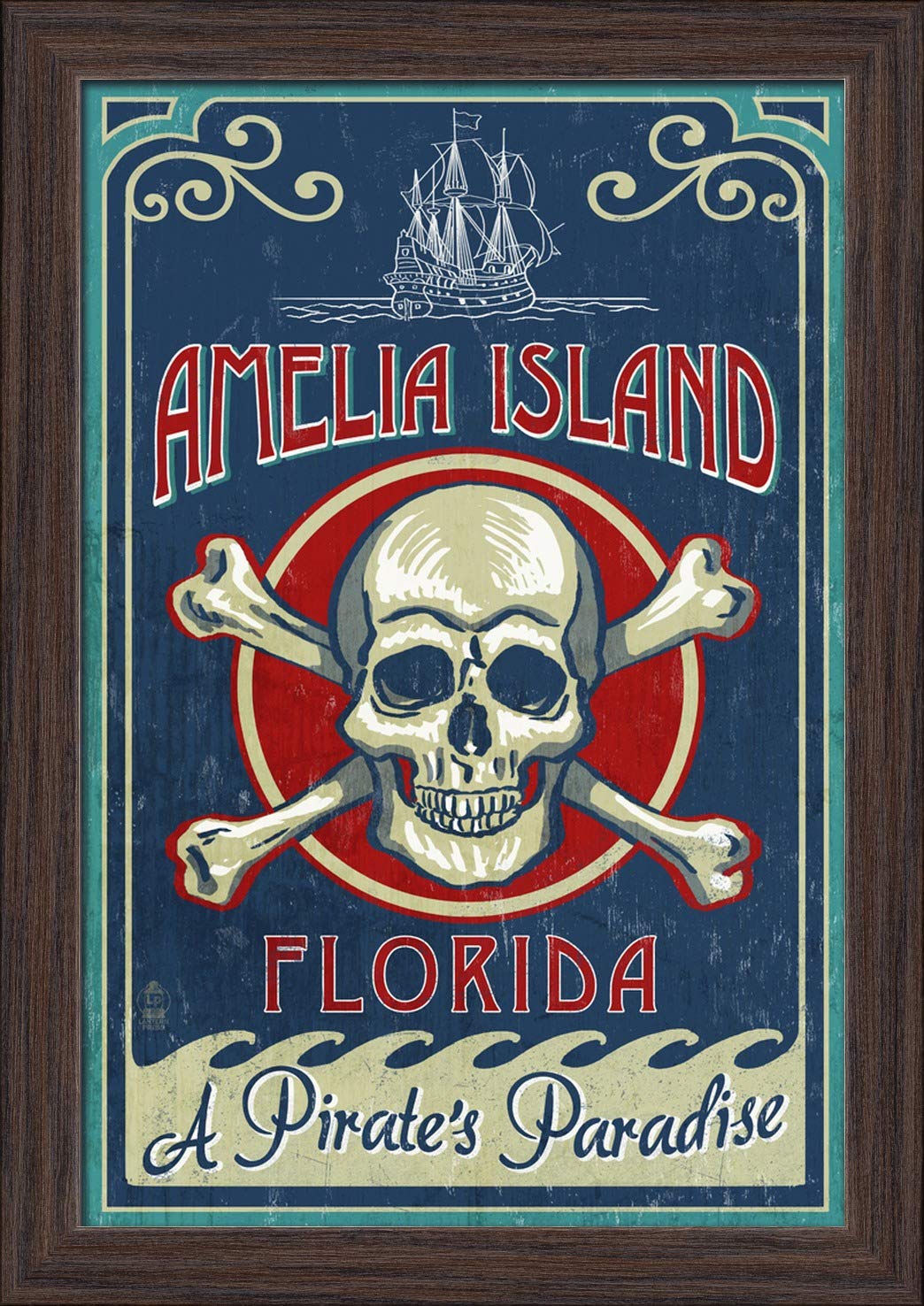12x18 Giclee Fine Art Print of Amelia Island Florida Skull and Crossbones - Recycled Wood Frame in Espresso Brown - Perfect for Beach House Decor, Pirate Theme Rooms & Coastal Wall Art