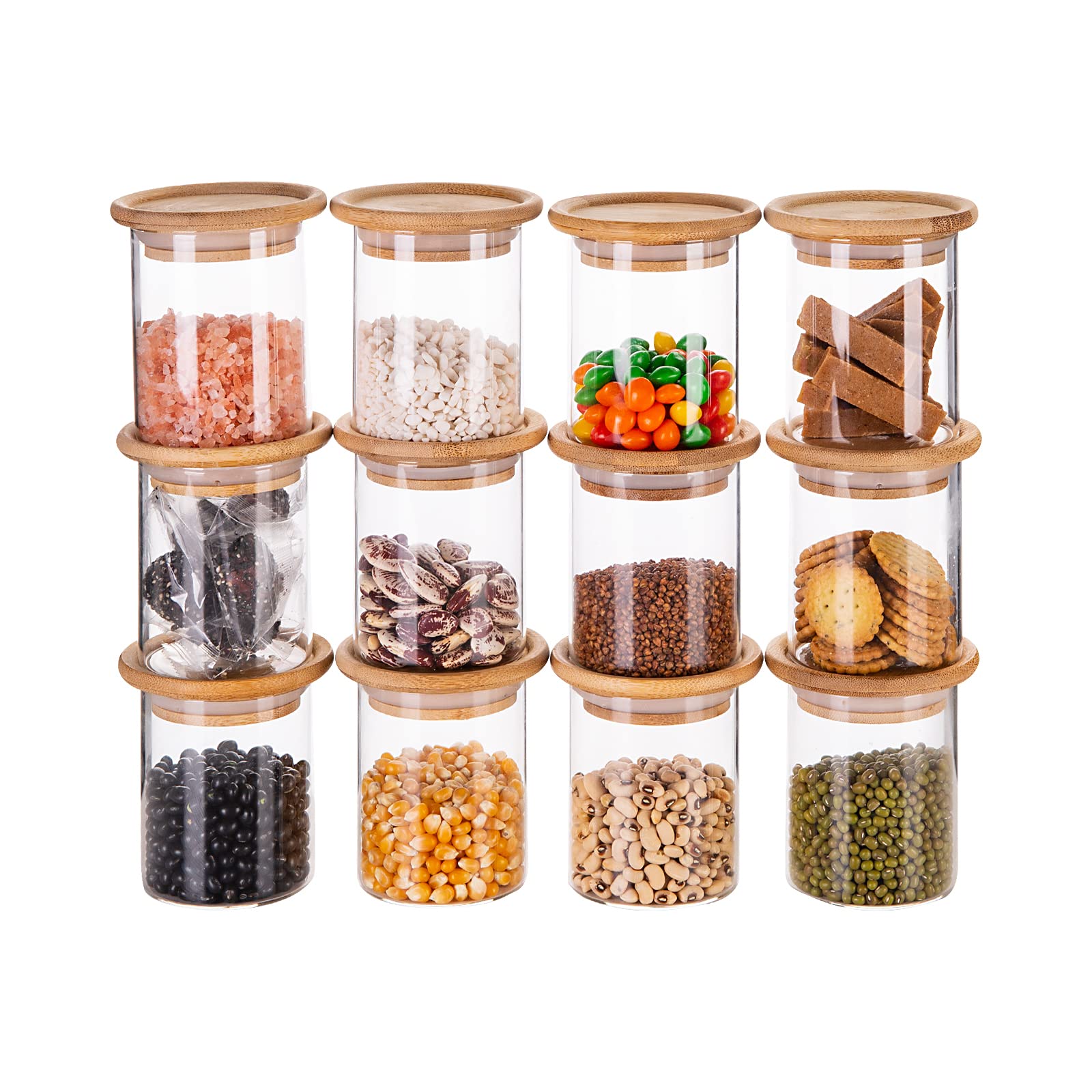 SUNNOW 12-Pack 6oz Stackable Glass Jars with Bamboo Airtight Lids - Food Storage Containers for Kitchen Pantry Organization, Herbs, Spices, Candy, Coffee, Tea & Dry Goods - Perfect for Home, Office & Gift Giving
