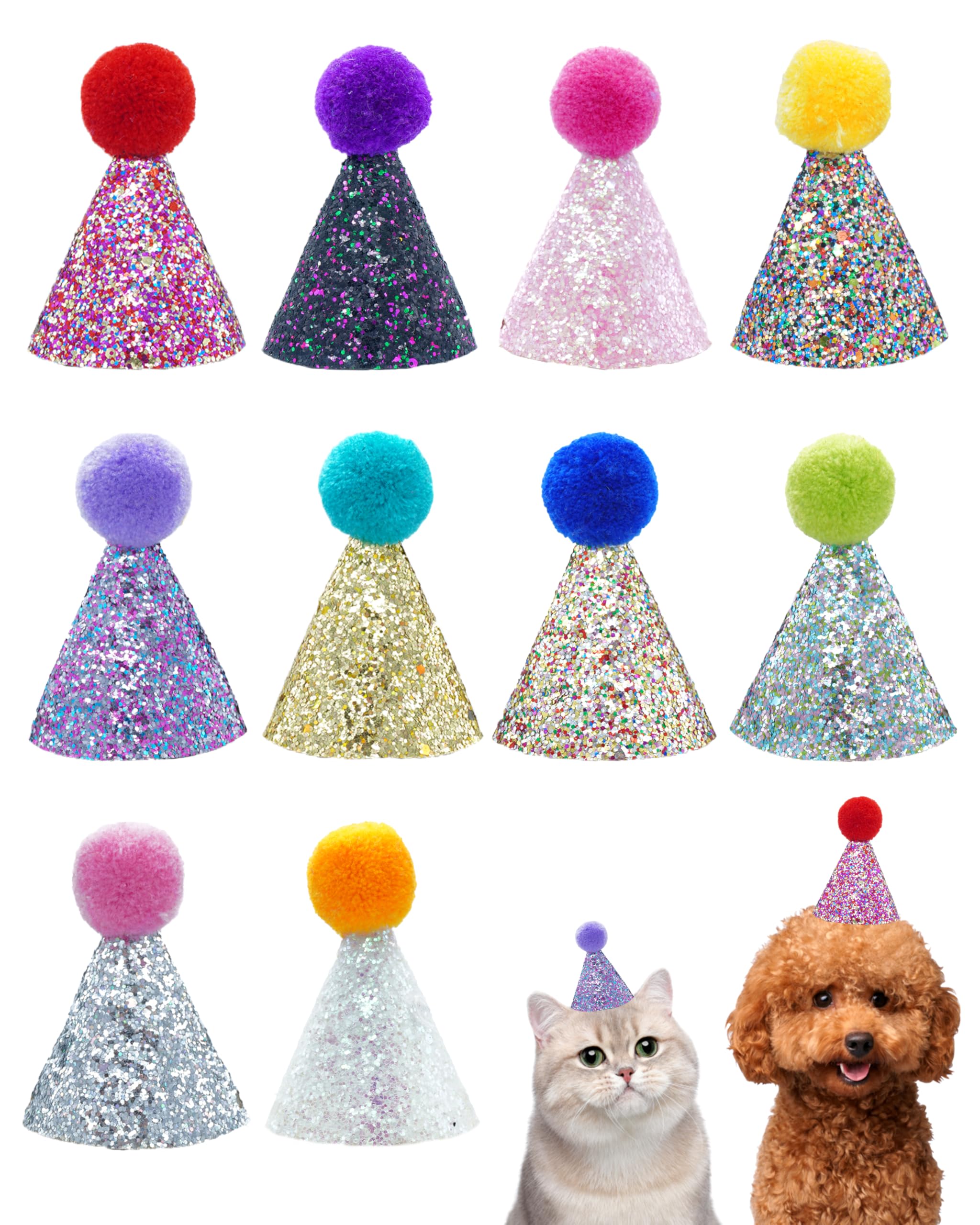 10 Pack Mini Small Dog Hats with Sequins - Adjustable Puppy Birthday Party Hats for Cats & Kittens - Pet Grooming Costume Accessories for Holidays, Photo Shoots & Dress-Up Parties