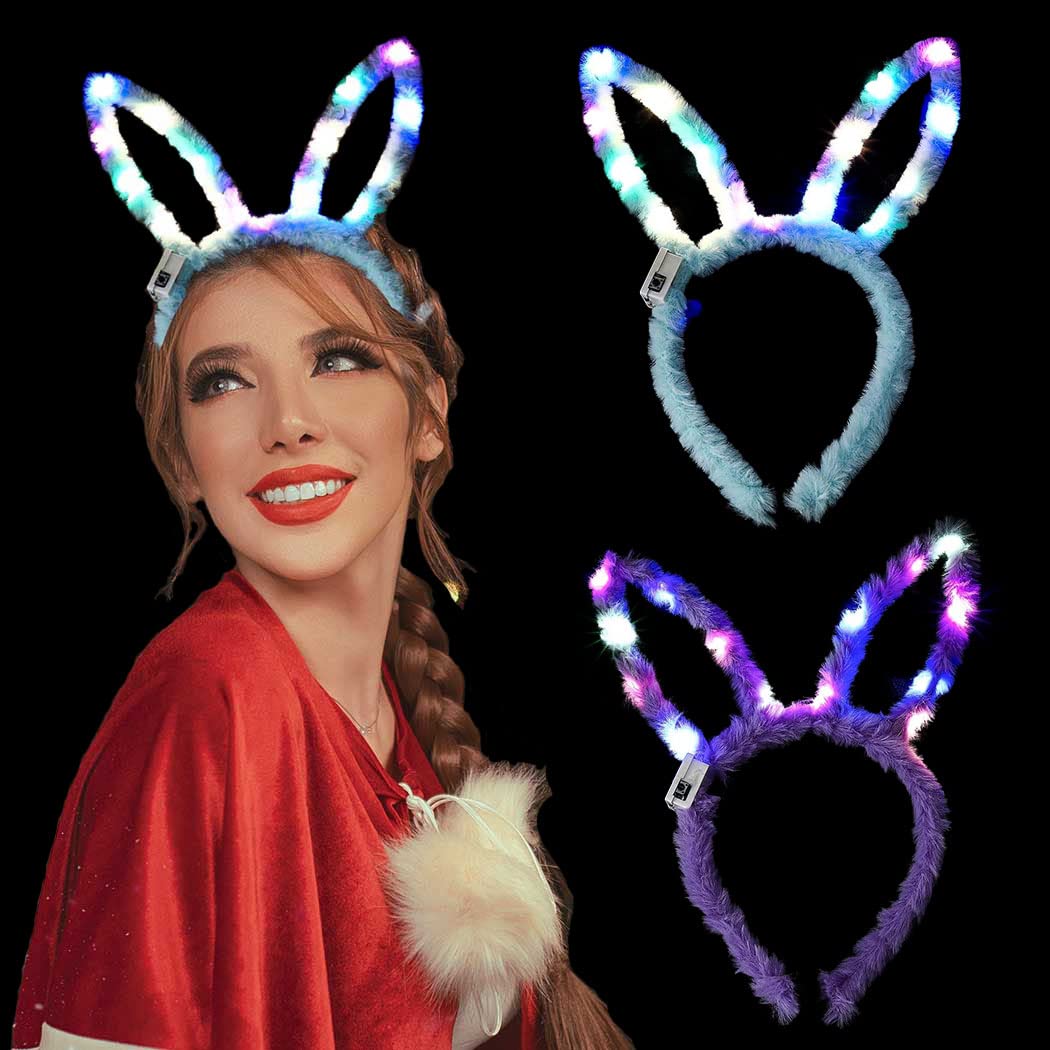 LED Bunny Ears Headbands - Light Up Hair Accessories for Women & Girls (2 Pack) - Glow in The Dark Party Headwear for Halloween, Raves, Concerts & Festivals