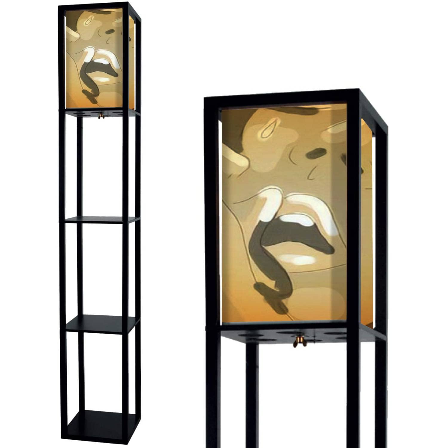 Modern Abstract Warm-Toned Kiss Design Floor Lamp with Shelves & Flaxen Fabric Shade - Tall Standing Corner Lamp for Living Room, Bedroom - Perfect for Reading Nook, Cozy Ambiance & Aesthetic Home Decor