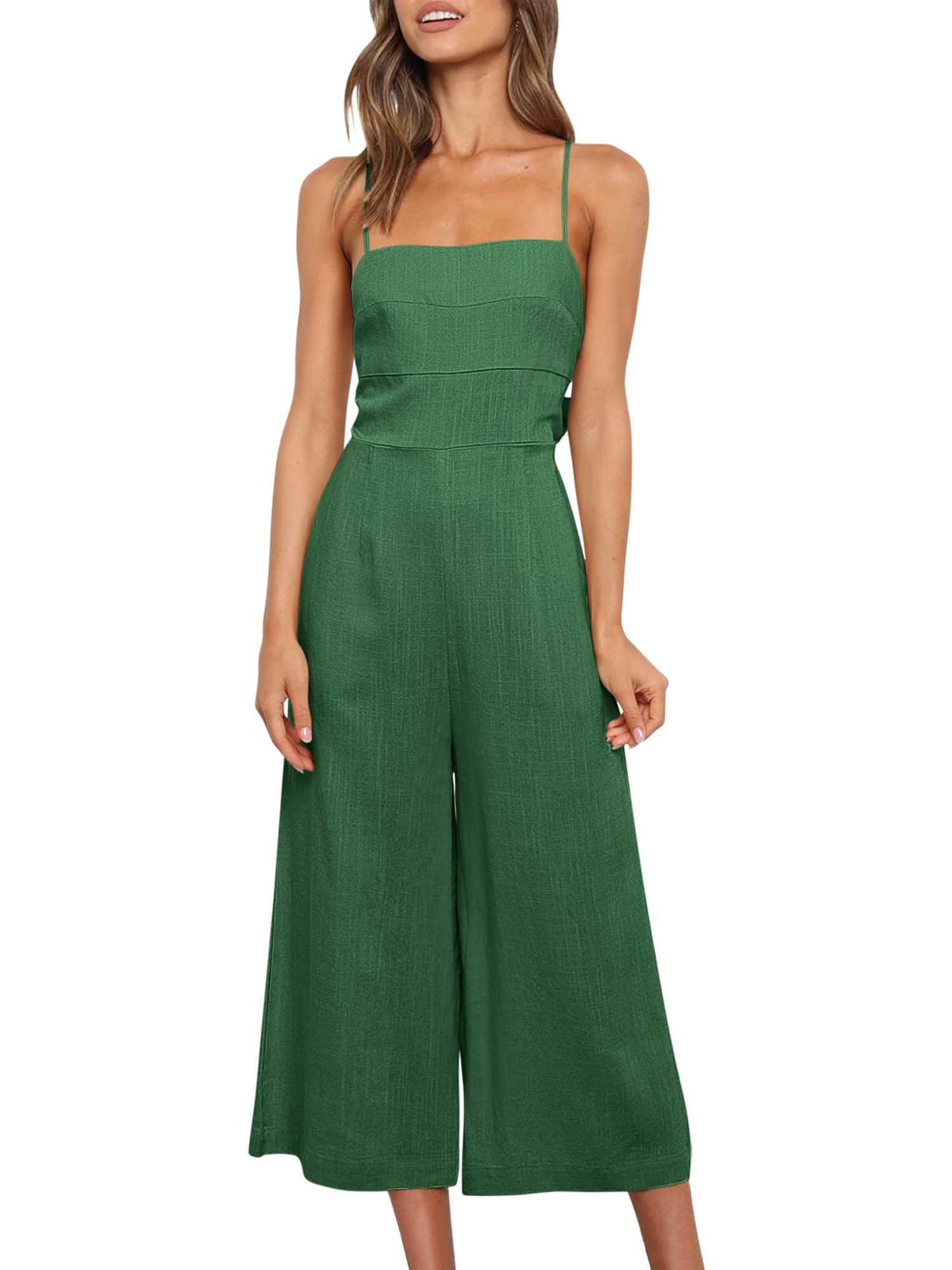 Women's Casual Loose Spaghetti Strap Jumpsuit - Sleeveless High Waist Wide Leg Romper with Pockets | Summer Beach Outfit, Vacation Wear, Boho Chic Fashion