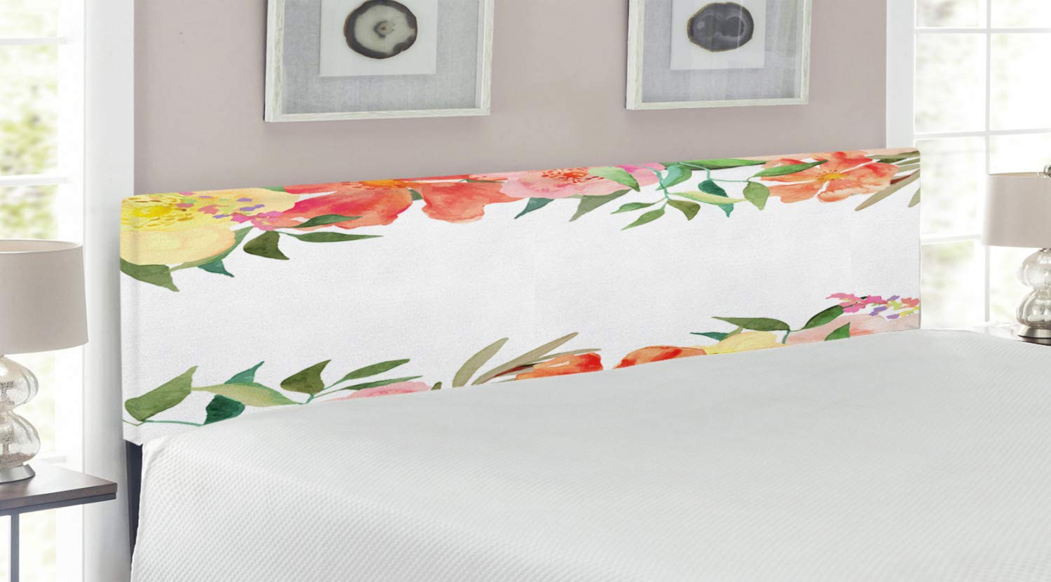 Ambesonne Floral Headboard King Size - Soft Pastel Flower Petals Bouquet Upholstered Metal Bed Frame with Memory Foam | Shabby Chic Feminine Bedroom Decor for Master & Guest Rooms