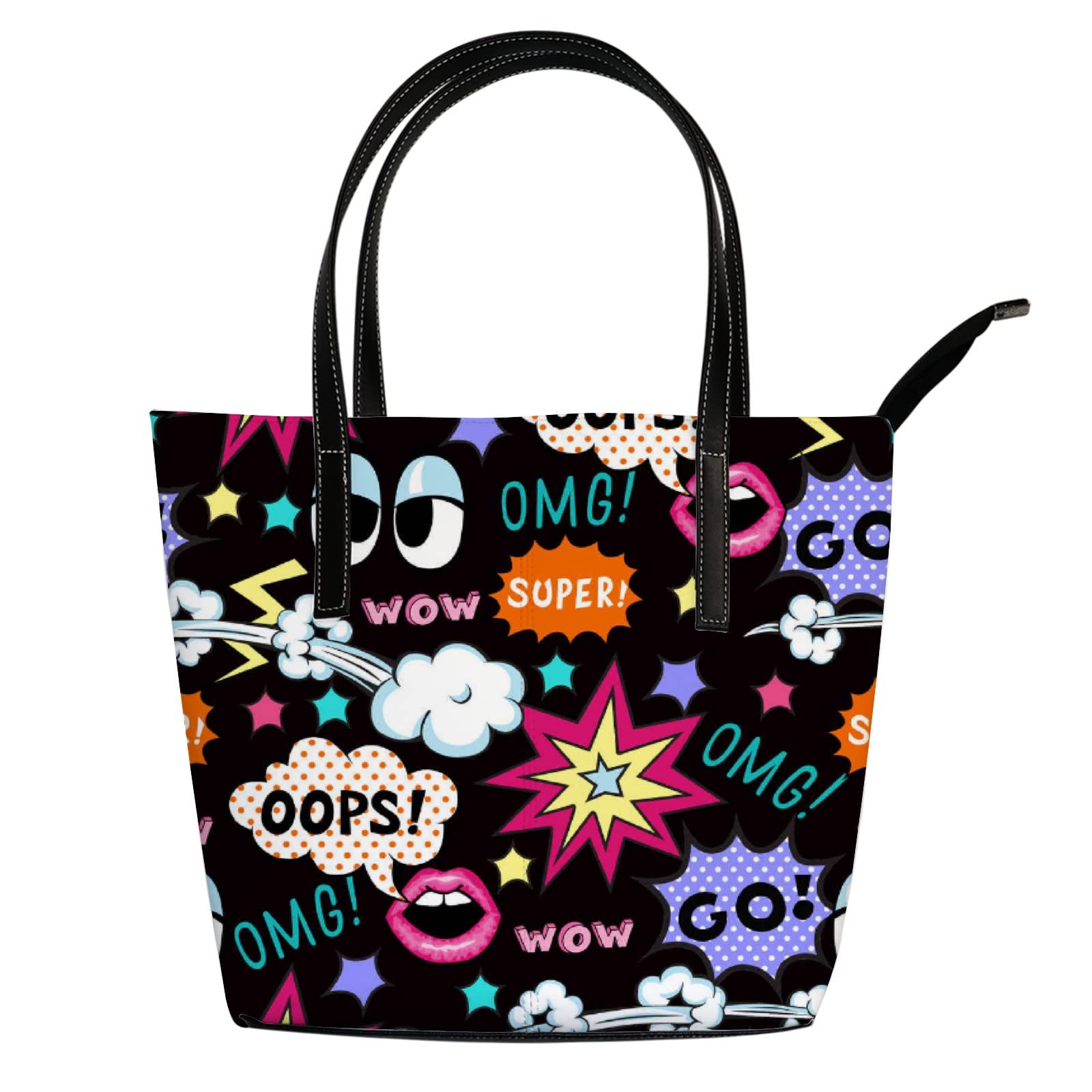 Stylish Black and White Pop Art Leather Tote Bag for Women - Fashionable Crossbody & Work Handbag with Zipper - Perfect for Office, Travel, and Everyday Use