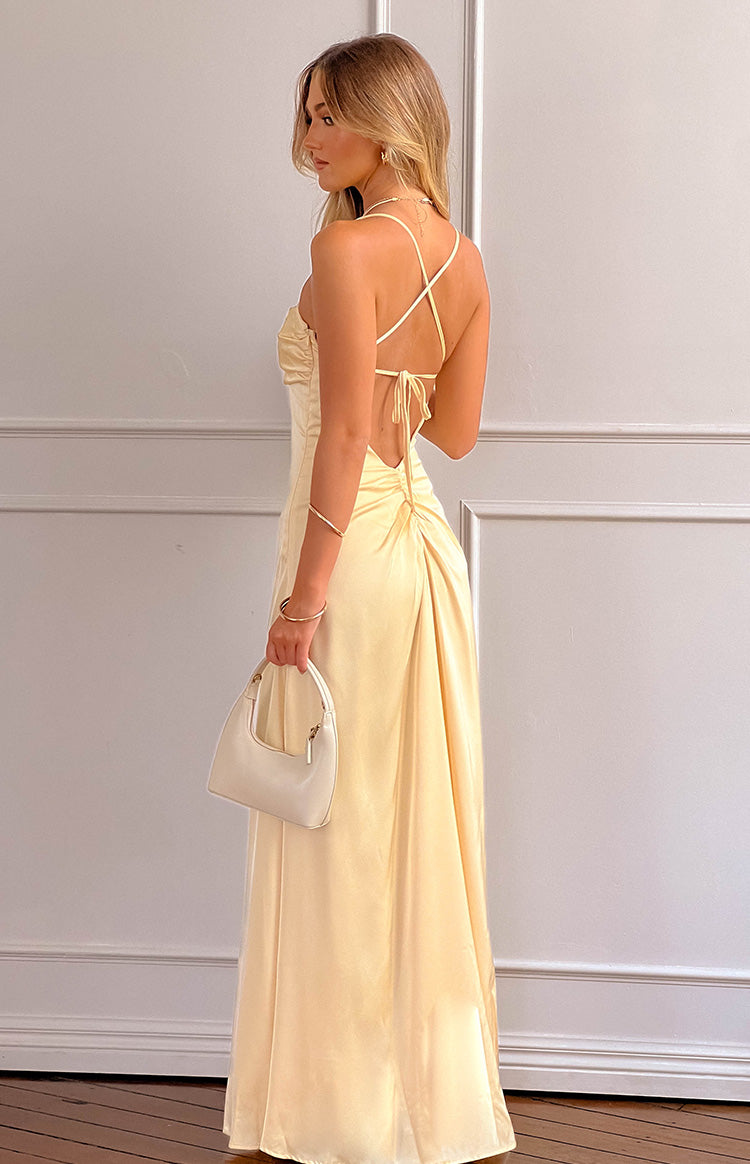 Blaise Yellow Satin Maxi Dress for Women - Elegant Long Evening Gown for Parties, Weddings & Special Occasions