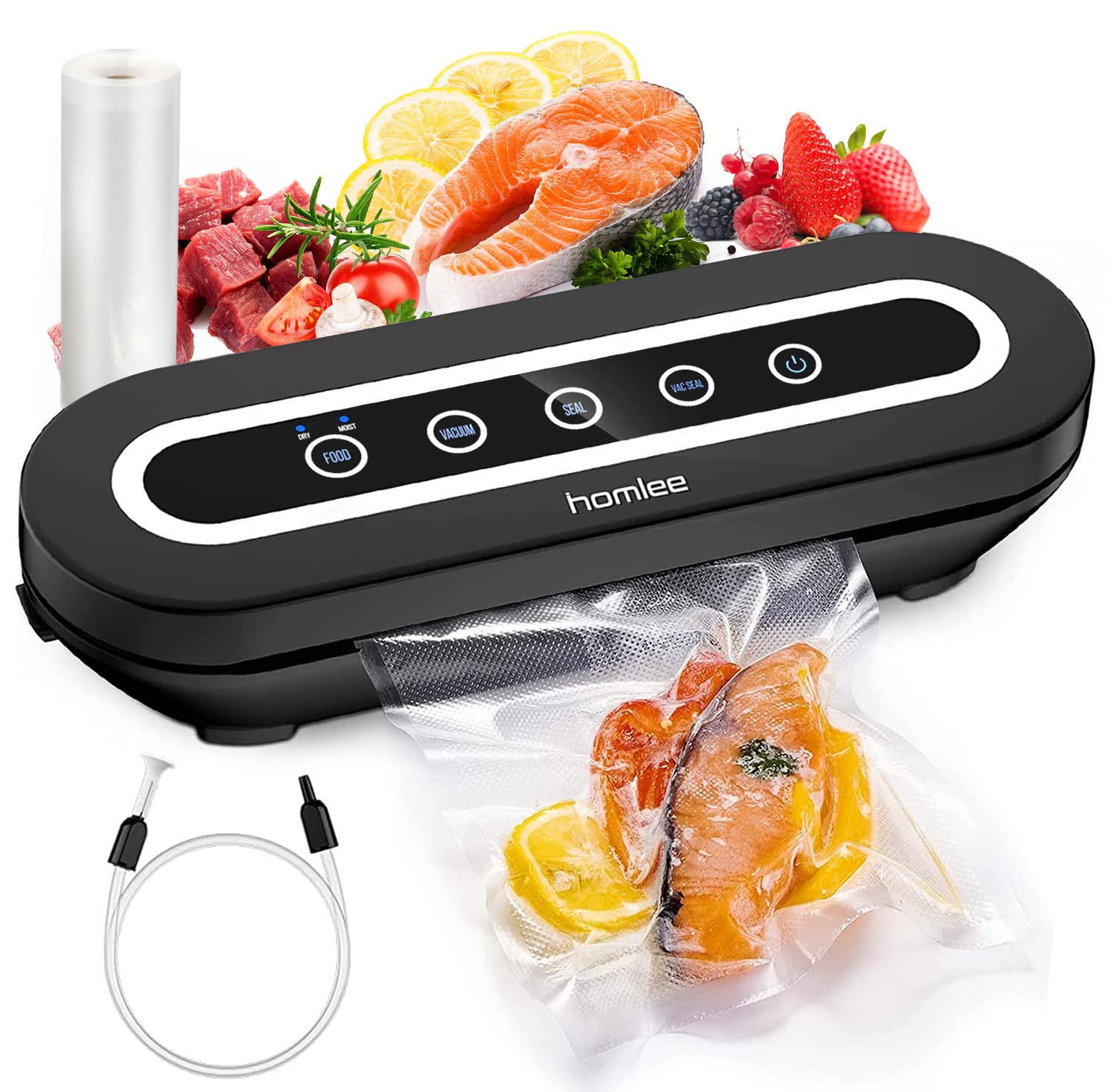 HOMLEE Vacuum Sealer Machine with Air Sealing System | Food Saver for Meat, Cheese & Meal Prep | Dry & Moist Modes | Includes Hose & 50 Bags | Compact & Easy Clean | Perfect for Kitchen, Camping & Sous Vide Cooking